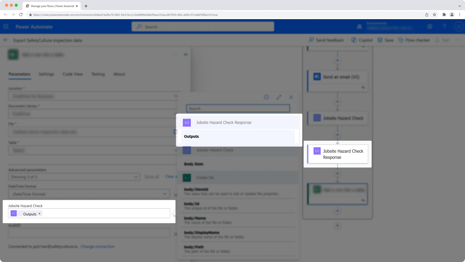 An example of exporting inspection data to a field in a Power Automate flow.