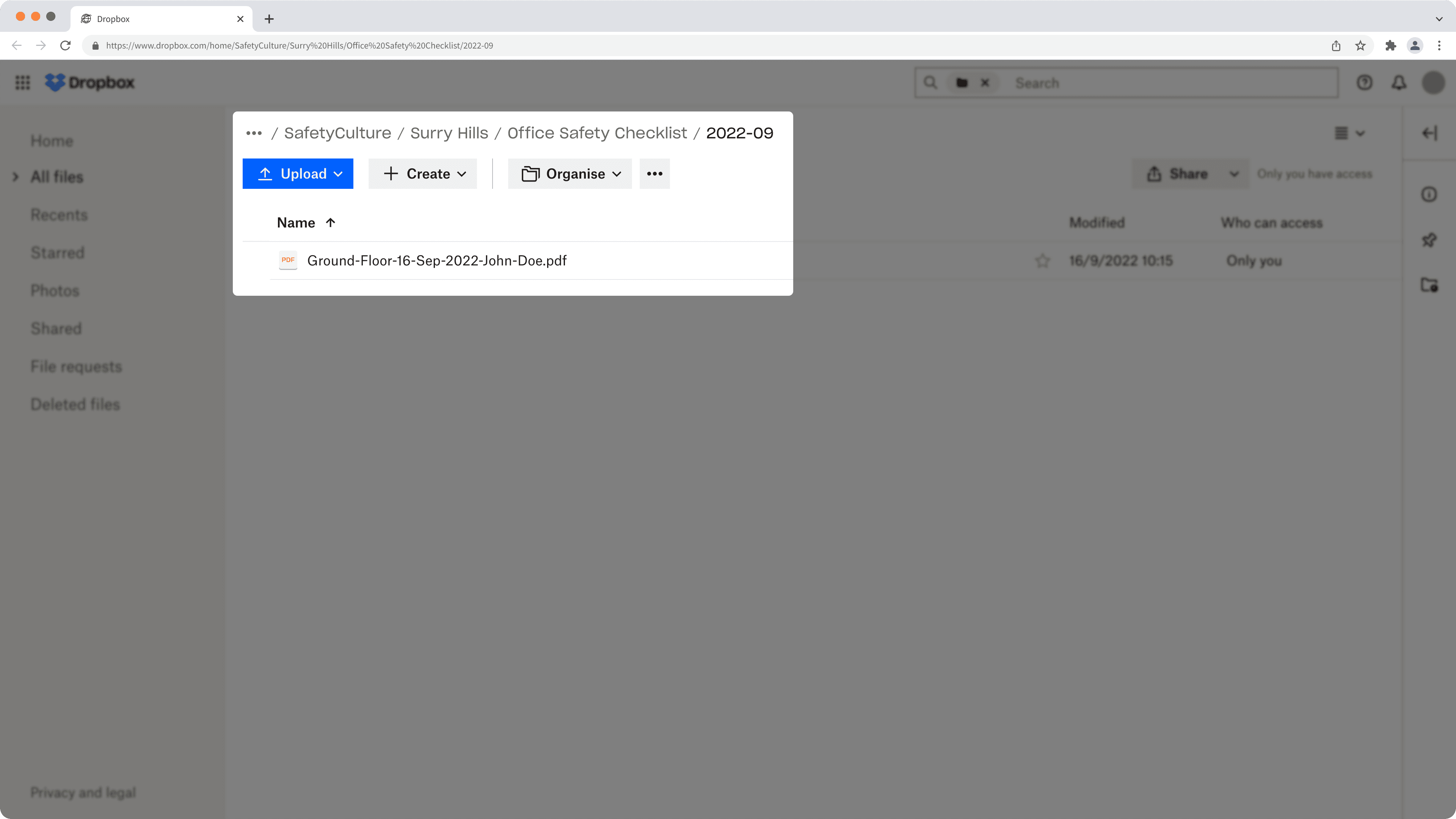 Un exemple de rapports d'inspection dans Dropbox à partir de l'intégration SafetyCulture.
