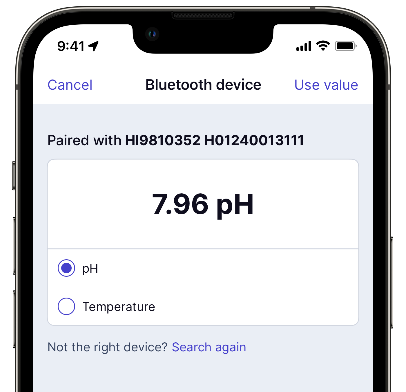 Capture a pH meter value on the mobile app.