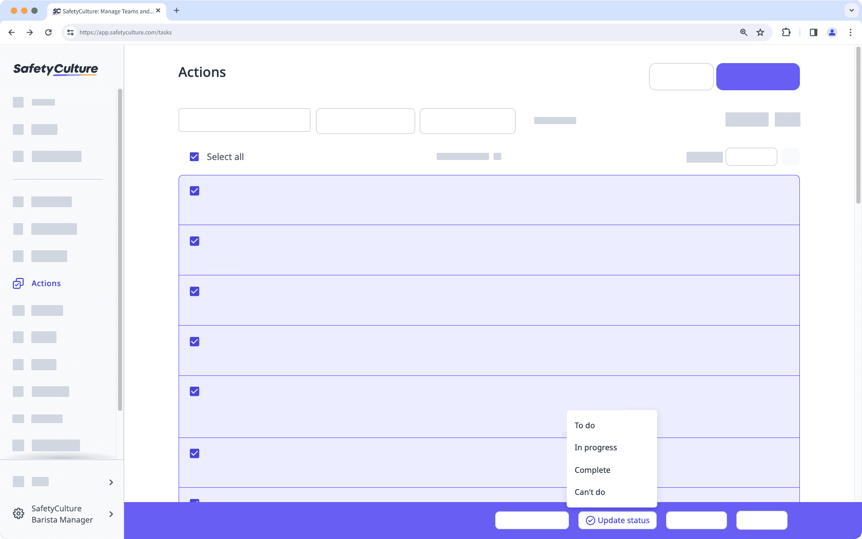 Bulk move actions' statuses via the web app.