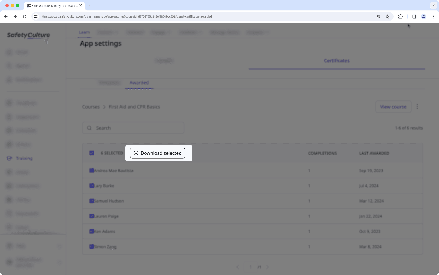 Mithilfe der SafetyCulture Web-App können Abschlusszertifikate für Schulungskurse in großen Mengen herunterladen.