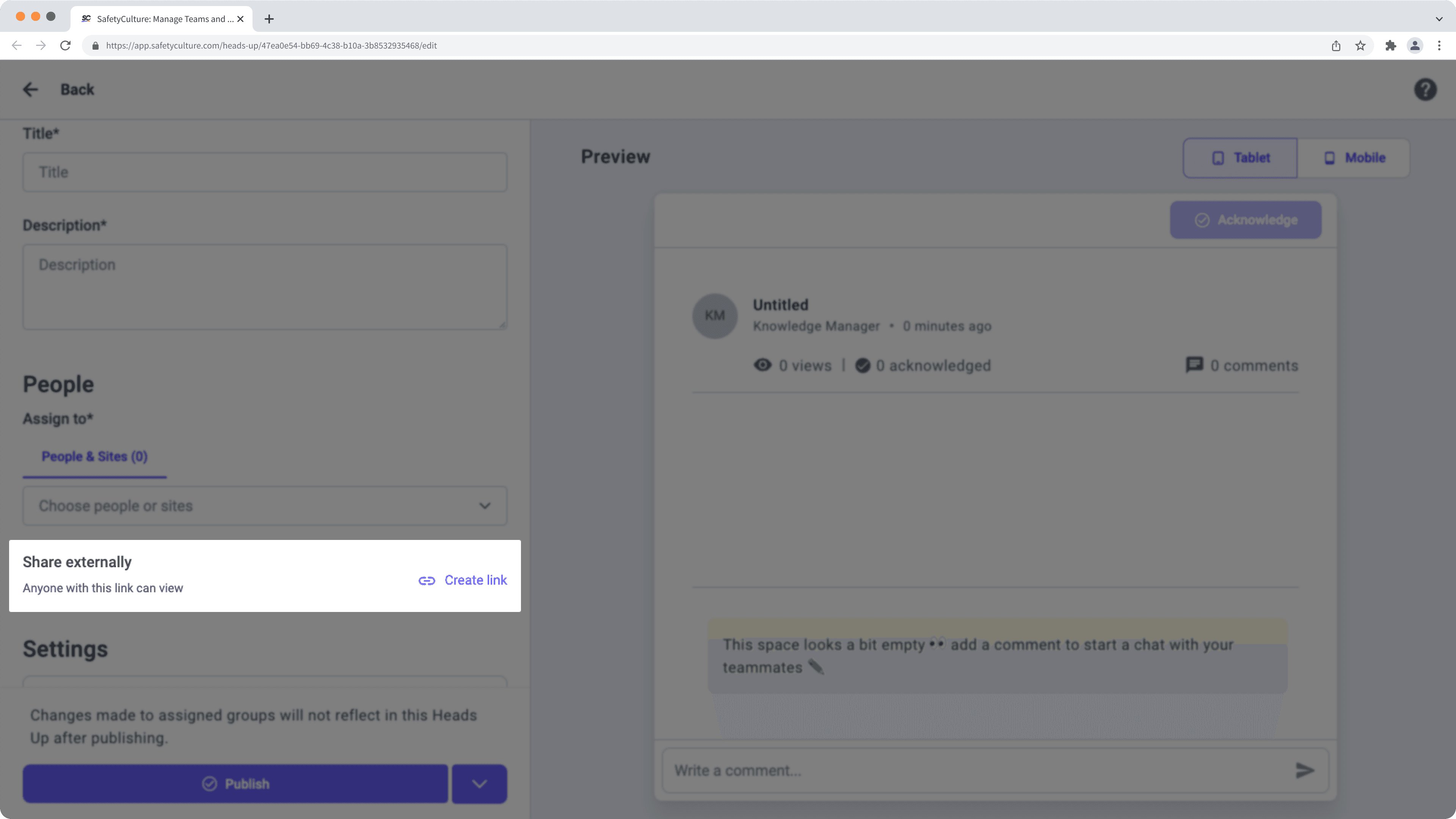 Ein neues Heads Up extern über die Web-App teilen.
