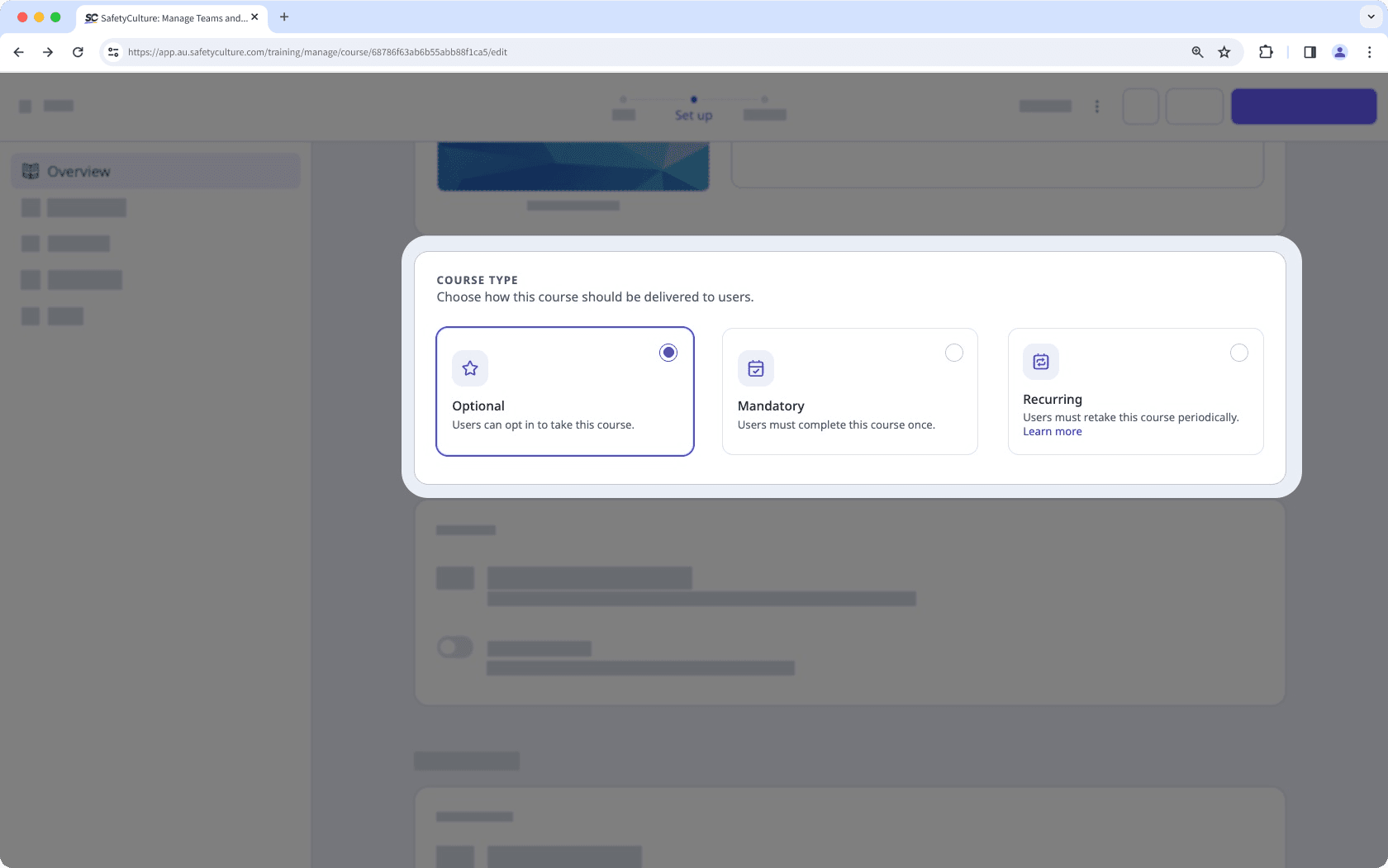 Manage the course type for a training course via the web app.