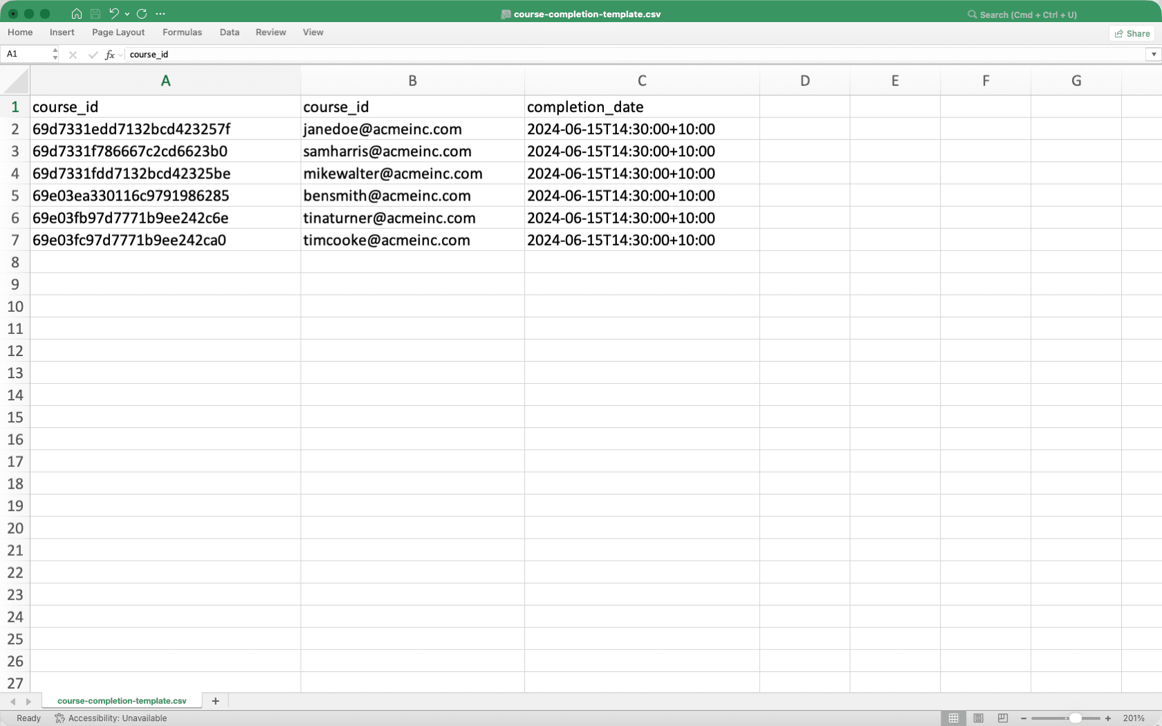 Un archivo CSV para importar la finalización del curso