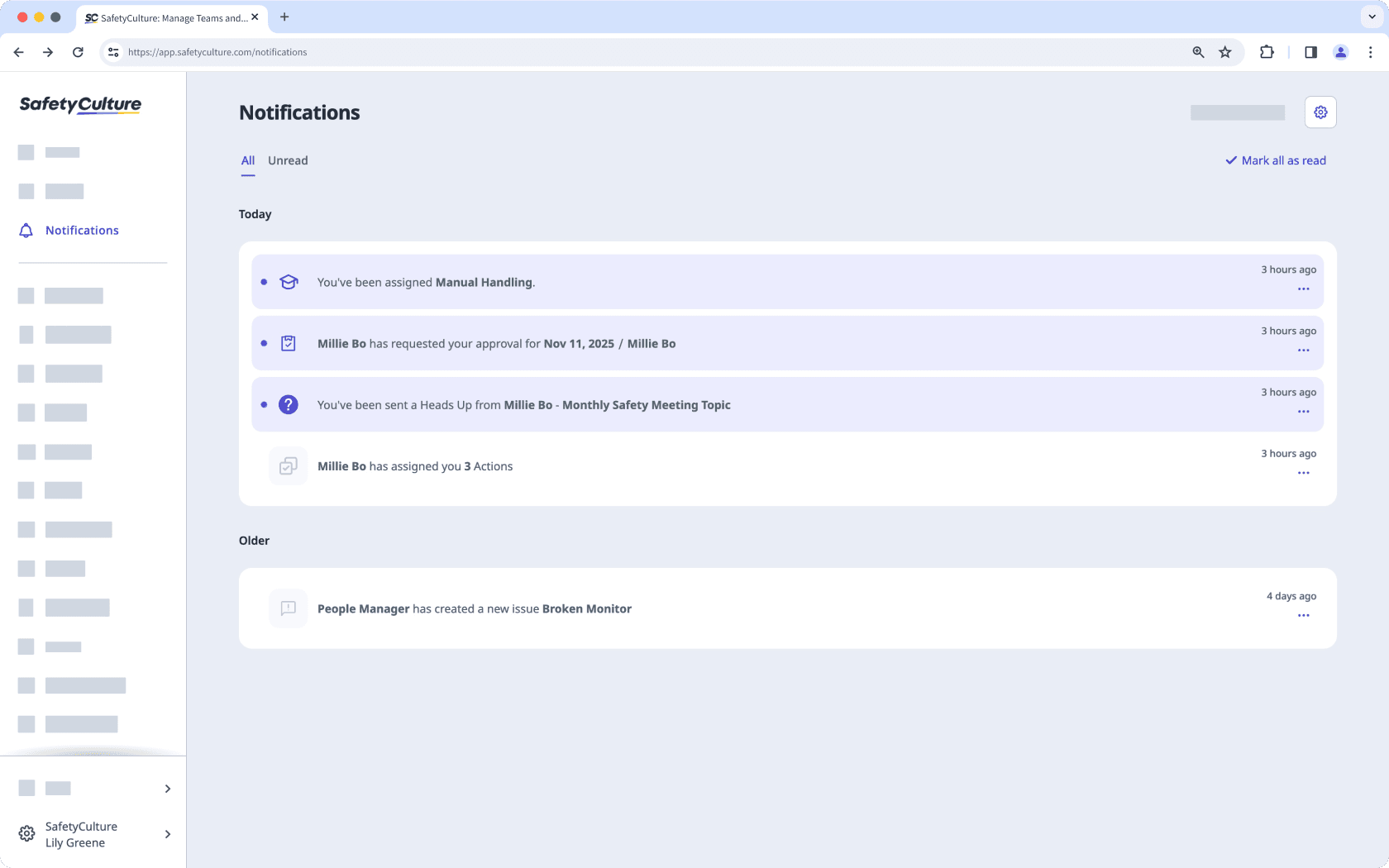 View in-app notification feed via the web app.