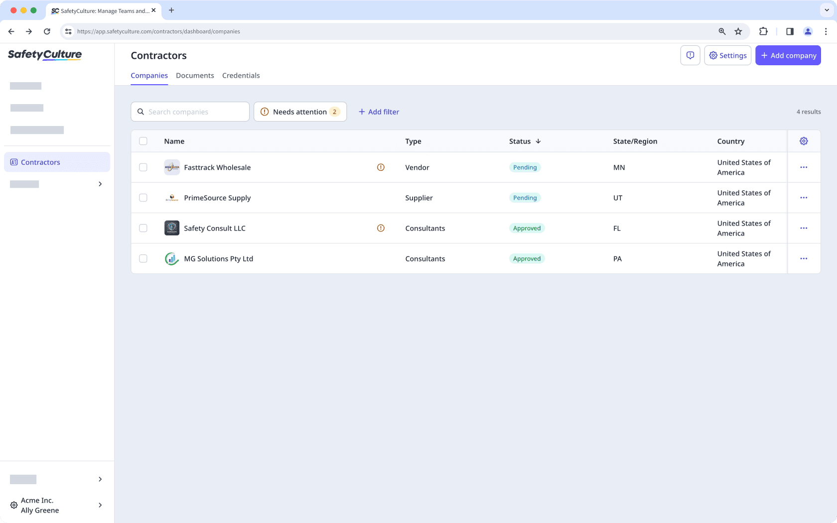 The Contractors dashboard showing the Companies tab and list of all companies.