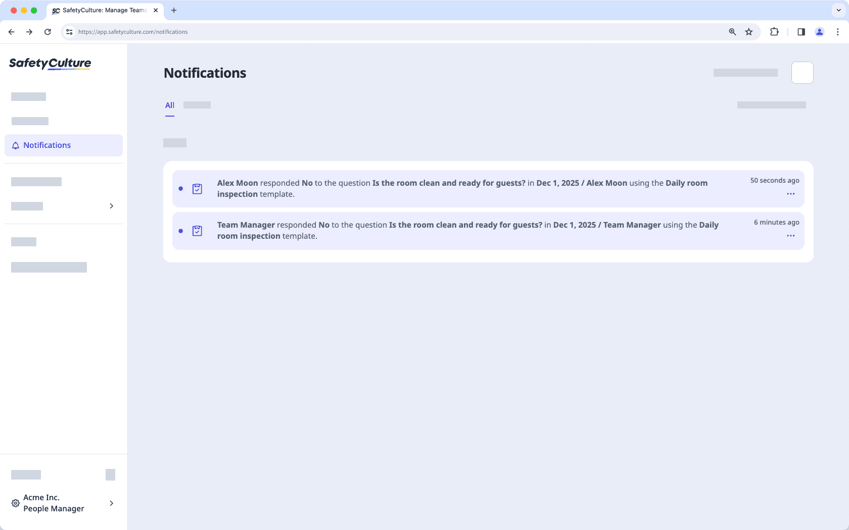 A notification that a user receives when the "Notify" logic field gets triggered while conducting the inspection.
