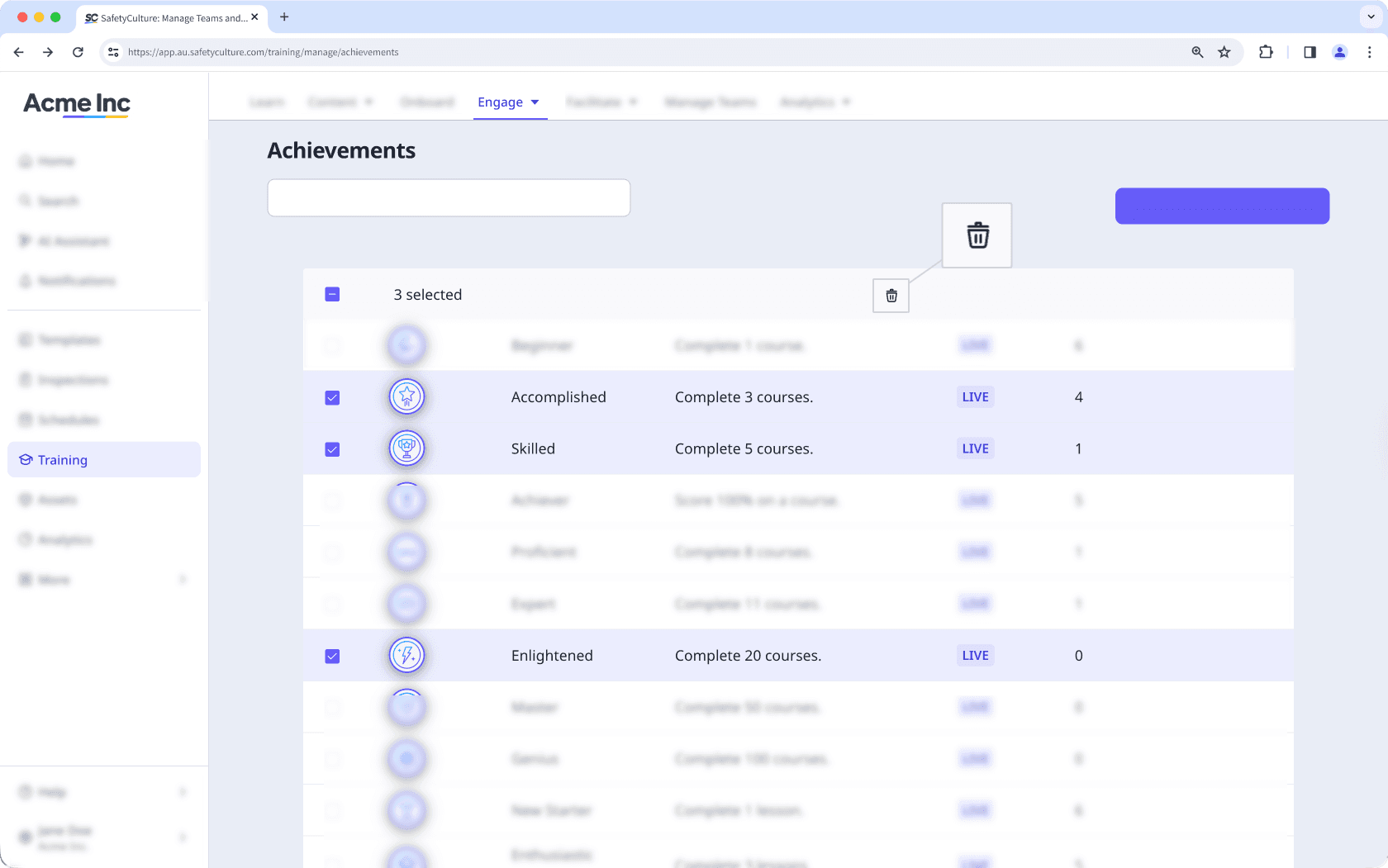 Achievements page with 3 selected achievements and the delete icon highlighted for bulk delete.