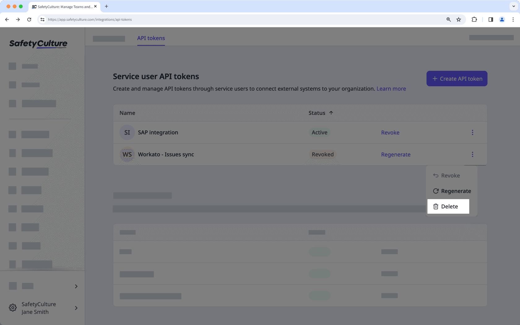 Elimine un token de API de usuario de servicio desde la aplicación web.