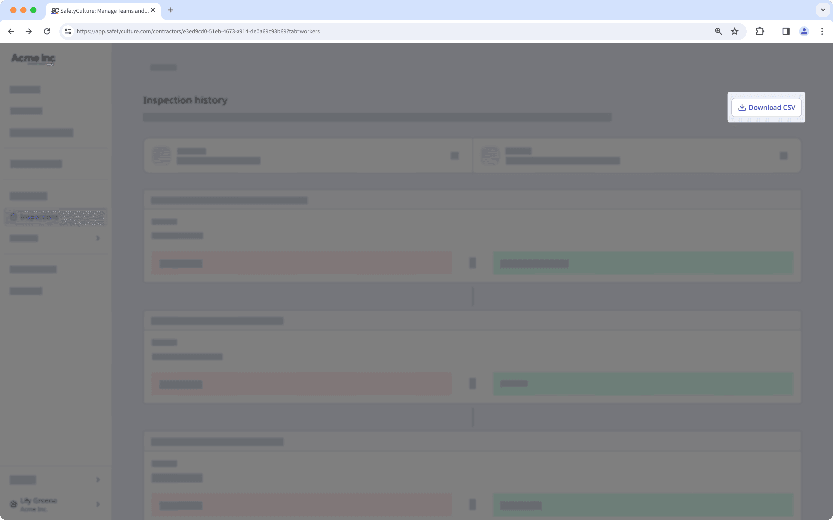 The inspection history page with the "Download CSV" button visible.