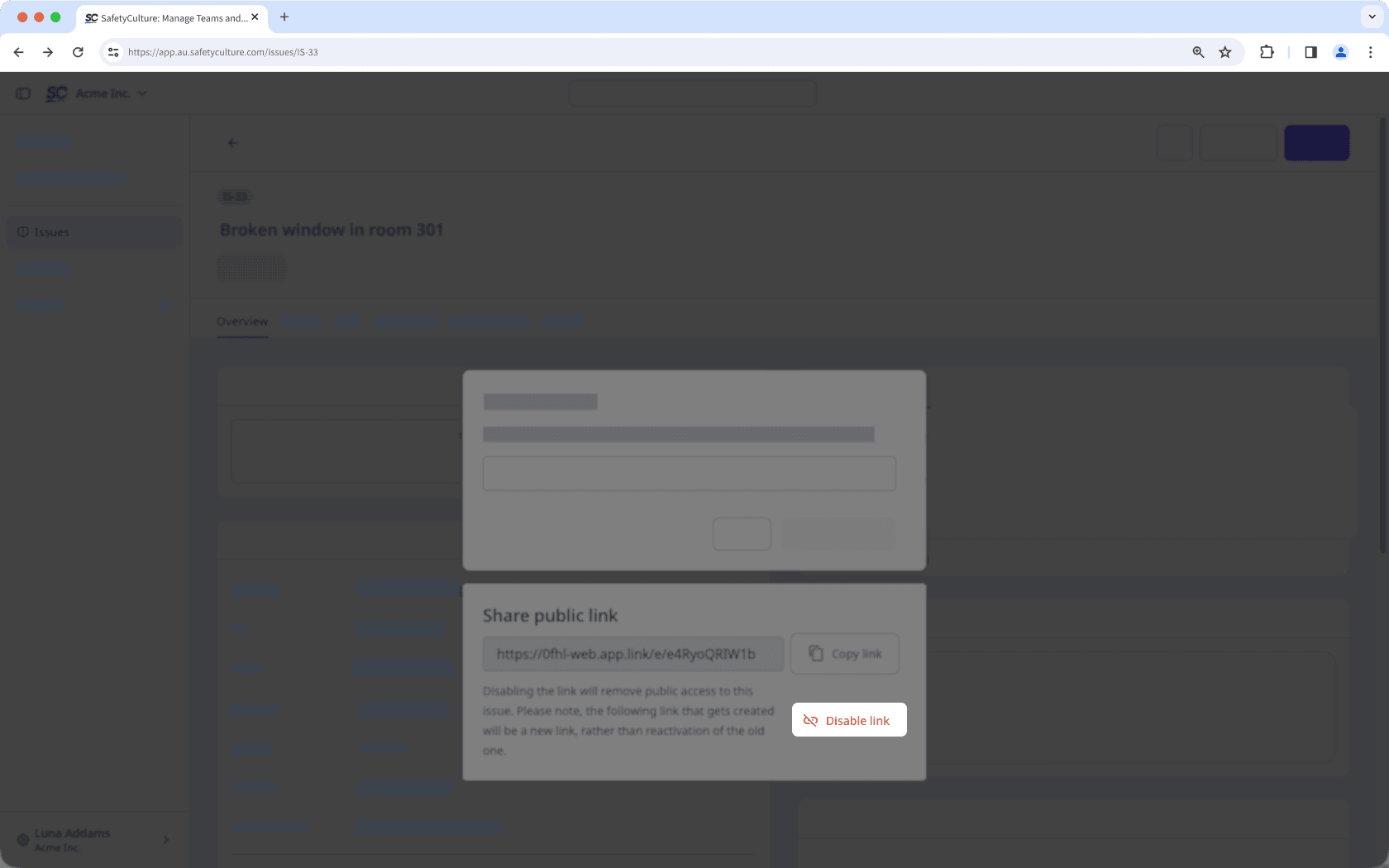 Mithilfe der Web-App den öffentlichen Link eines Problems im neuen Problem-Profil deaktivieren.