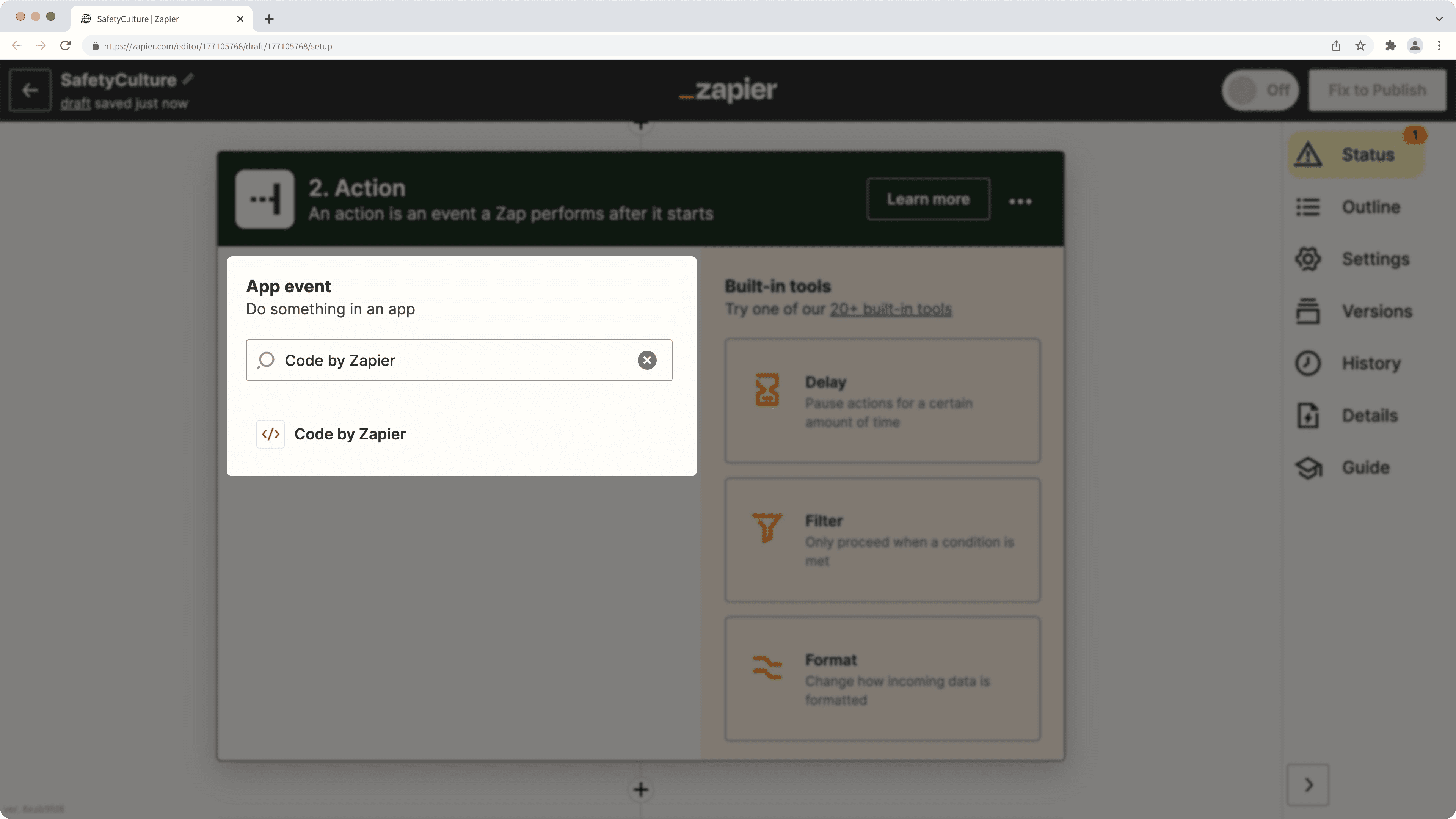 Select the "Code by Zapier" action in Zapier.