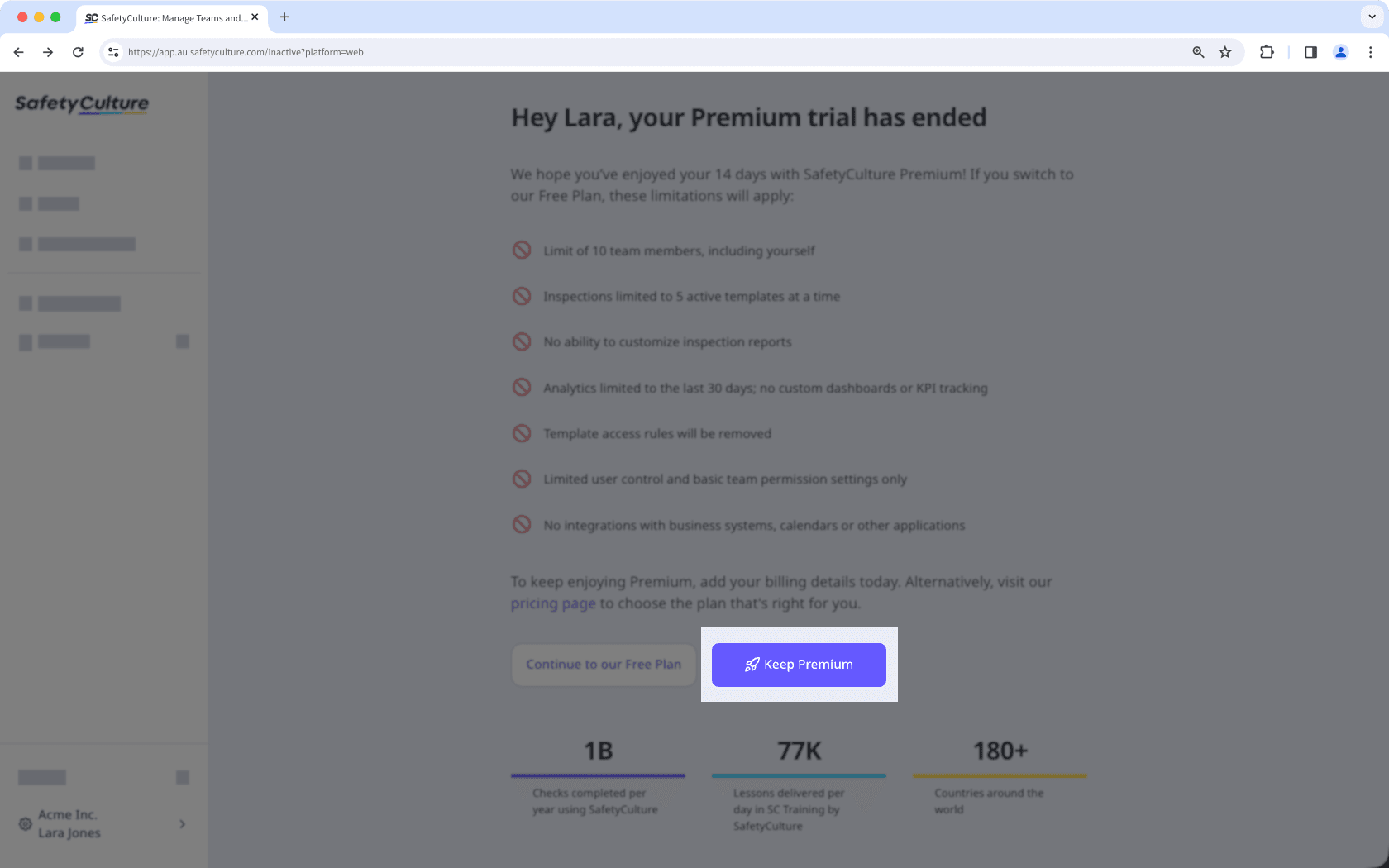 Die Seite "Ihre Premium-Testversion ist beendet" zeigt die Option "Premium beibehalten", um den Plan weiter zu nutzen.