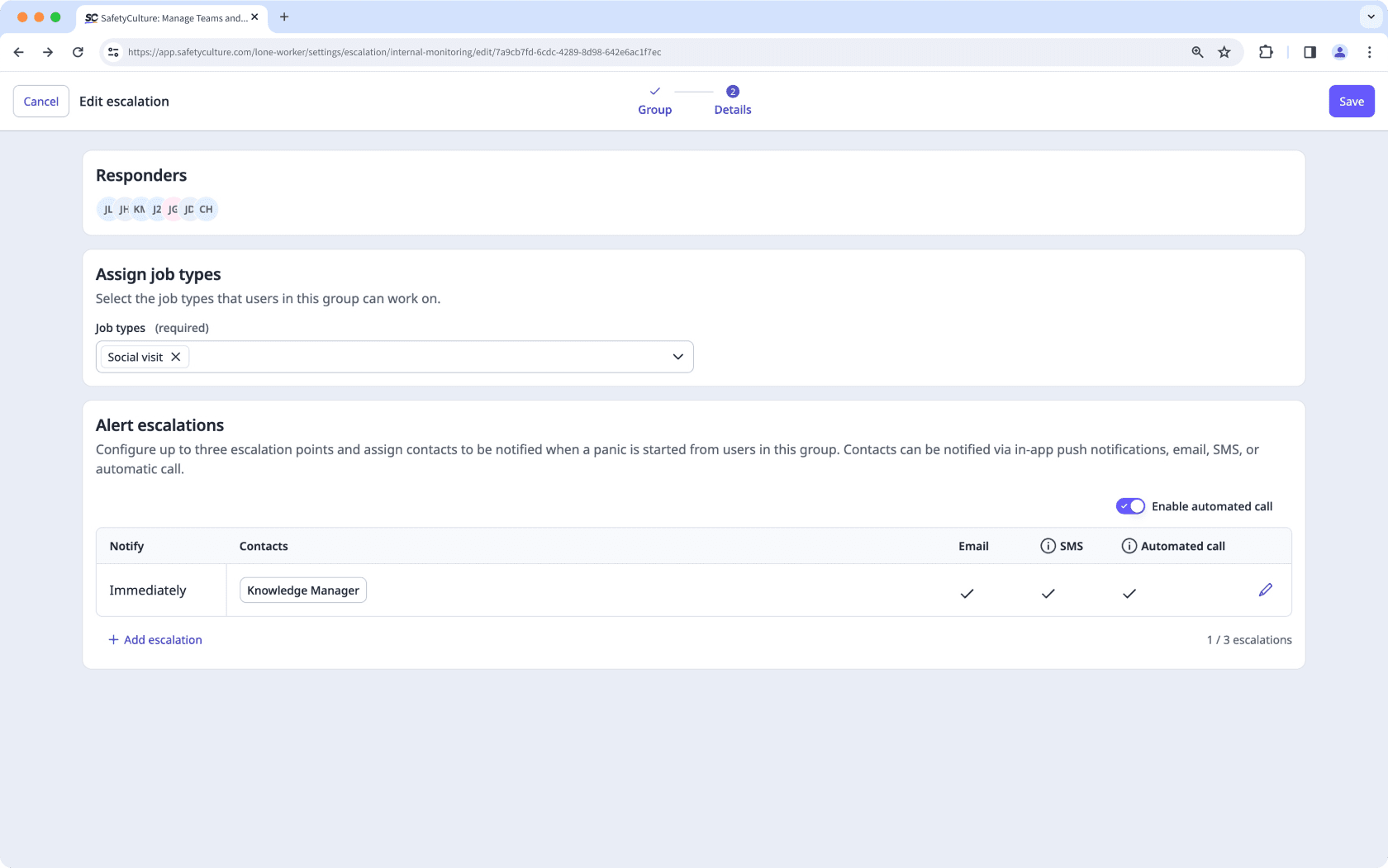Un exemple de remontées d'alertes pour un groupe dans la fonctionnalité Travailleur isolé sur l'application Web.
