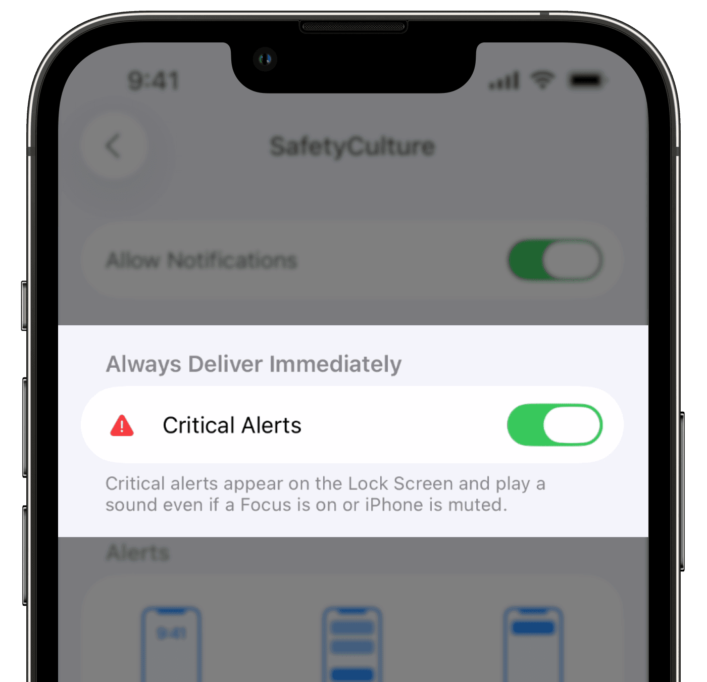 Activer ou désactiver les alertes critiques via les paramètres de l'appareil iOS.