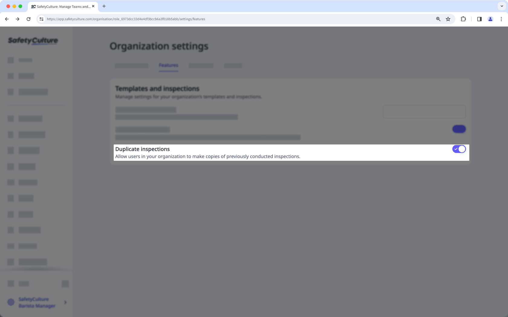 Active o desactive la opción de duplicar inspecciones para su organización a través de la aplicación web.