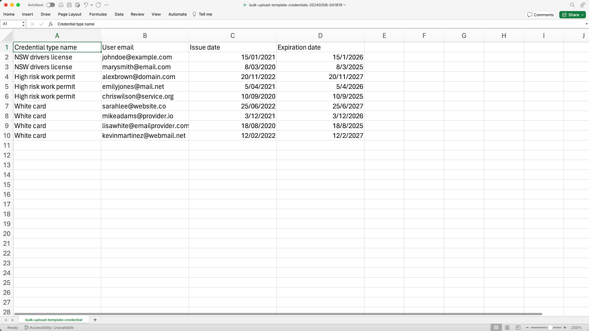 An example of a CSV prepared for bulk adding credentials.