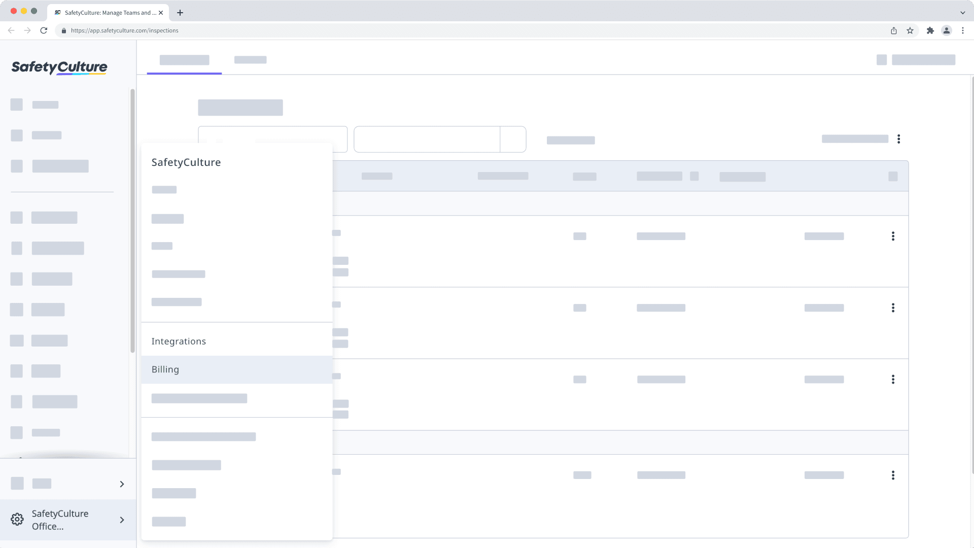 Position de la facturation et des intégrations dans l'application Web.