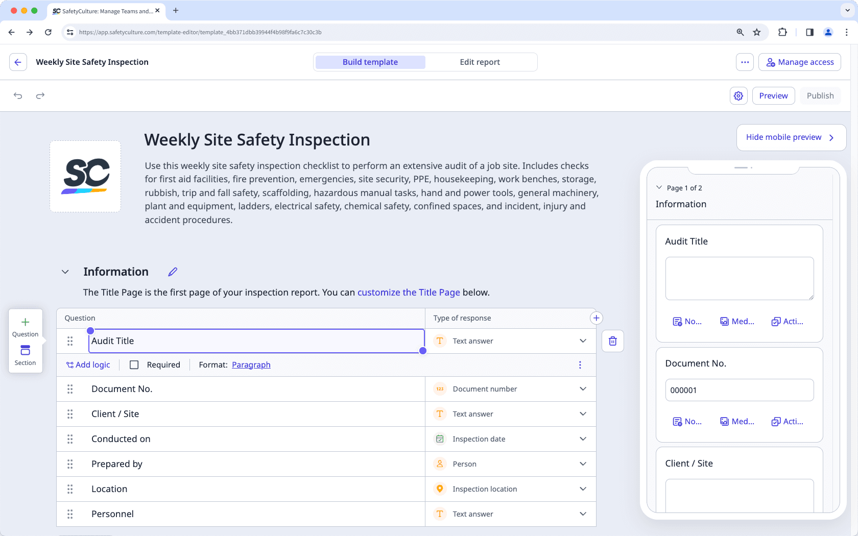 L'éditeur de modèles affiché dans l'application Web.
