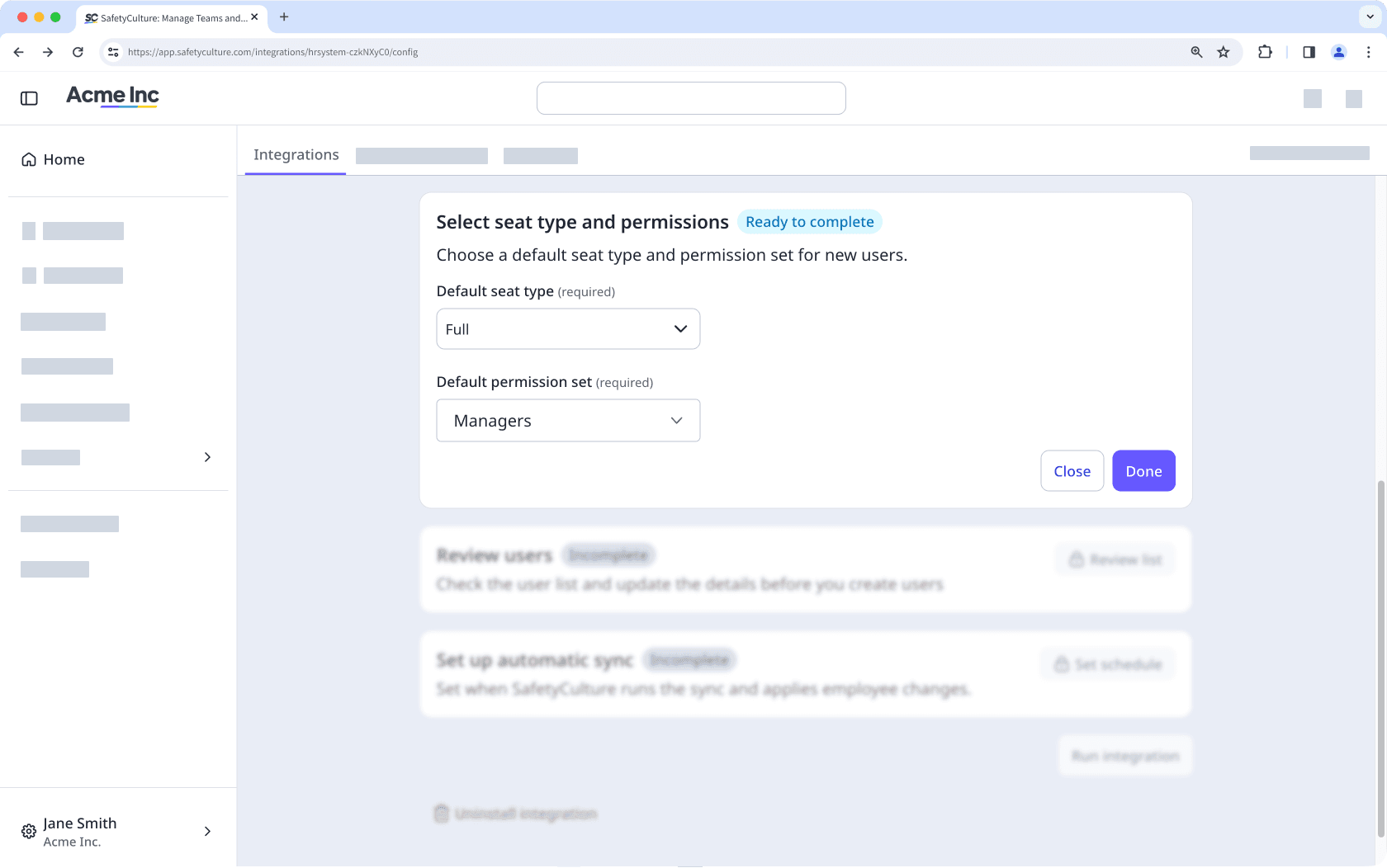The HR integration configuration page shows fields to select the default seat type and permission sets for new users to be imported into SafetyCulture.