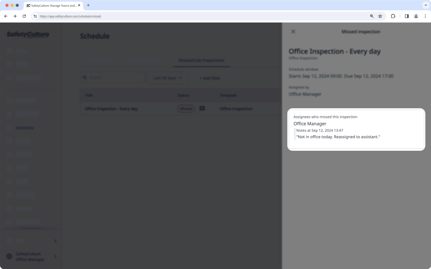 Affichez la raison pour laquelle une inspection a été marquée comme « Ne sera pas fait » dans l'interface héritage à partir de l'application Web.