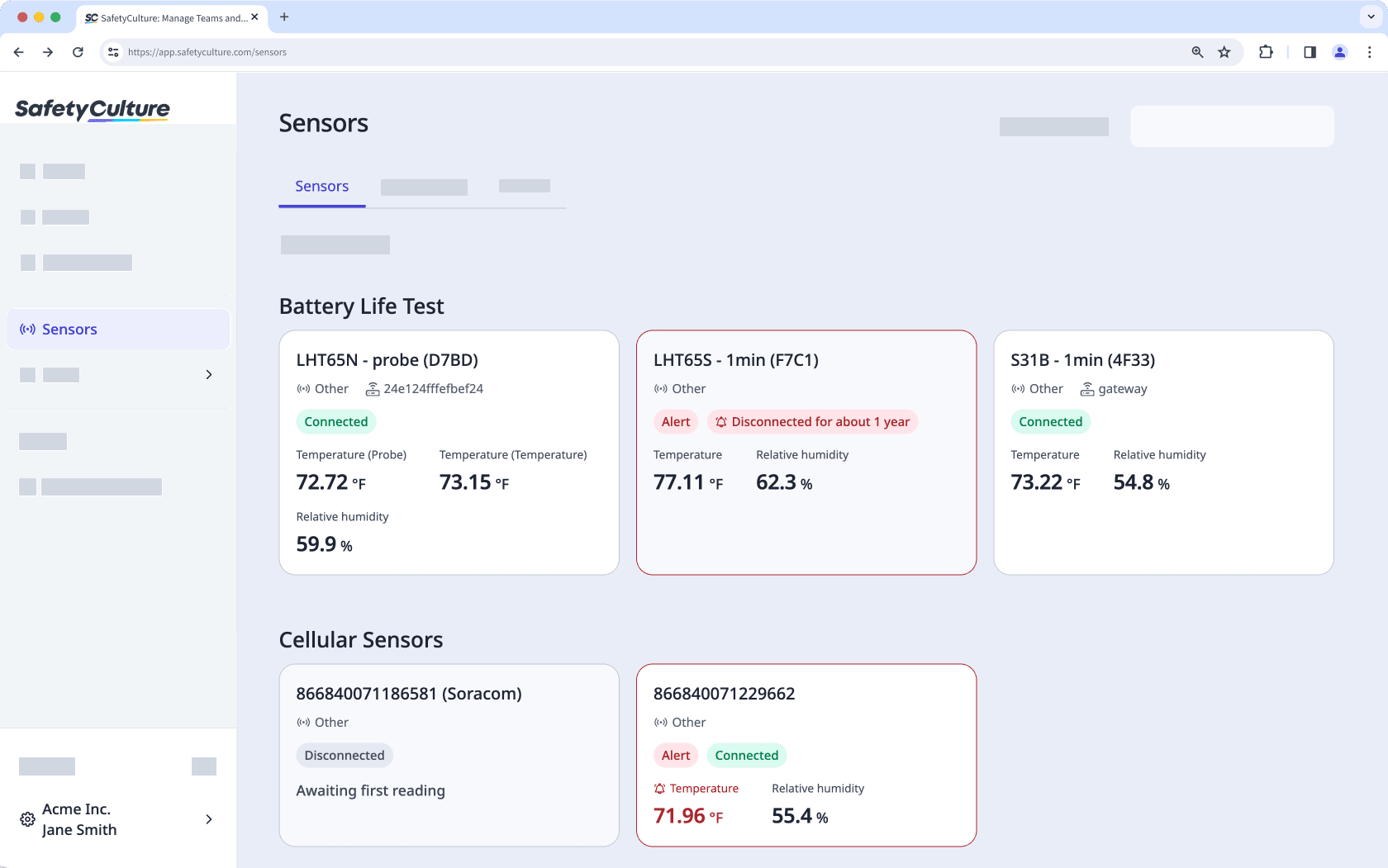 Página de Sensores en SafetyCulture.