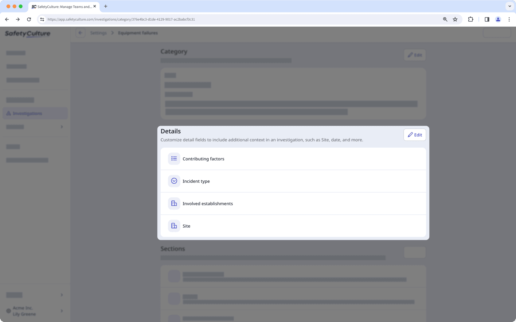 Section des champs de détails affichée sur la page de catégorie d'enquête.