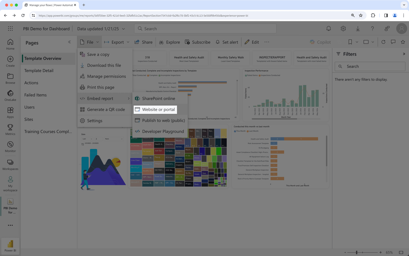 Seleccione Publicar en la web (pública) en Microsoft Power BI.