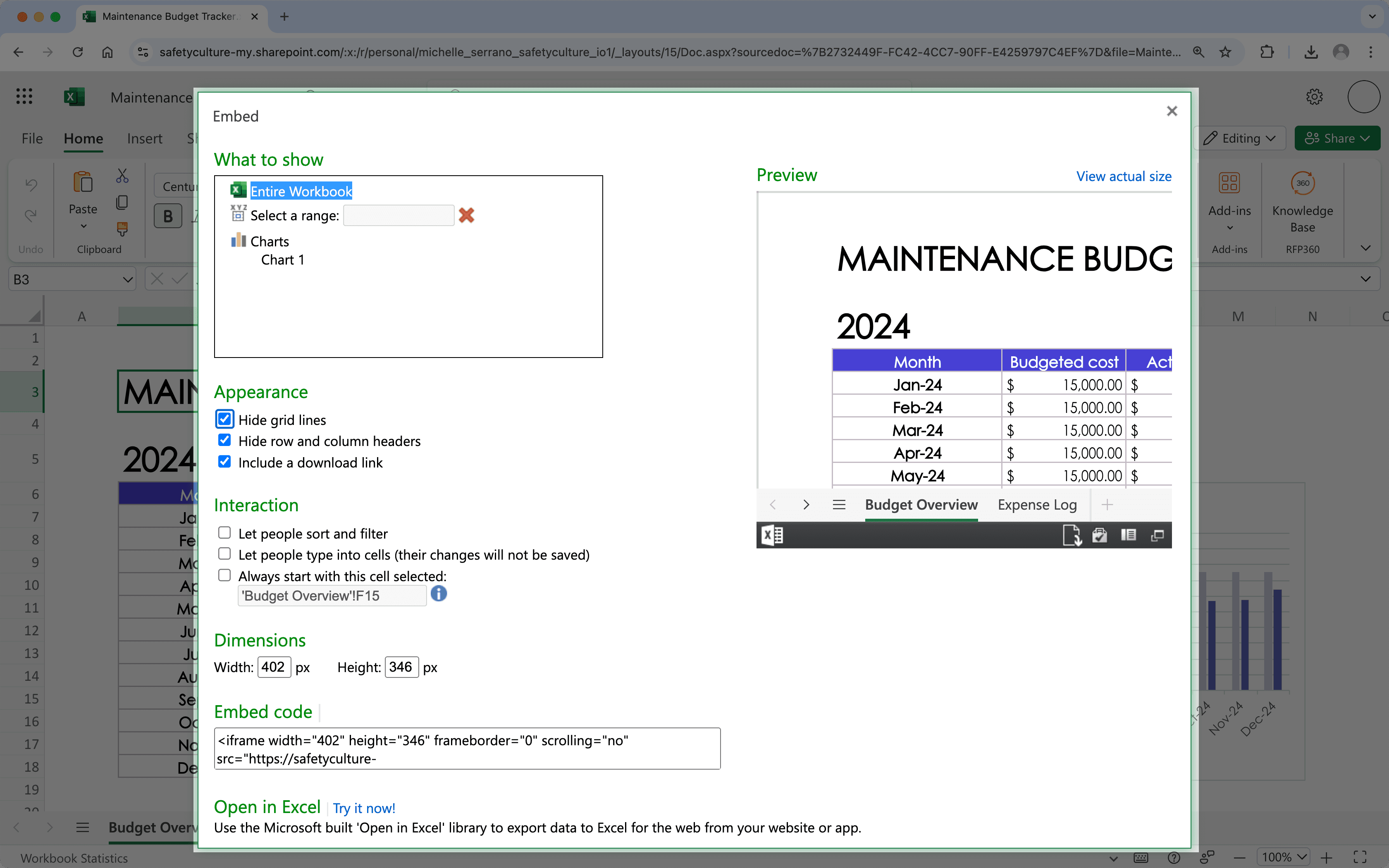 Personalice cómo desea que aparezca su Microsoft Excel embebido.