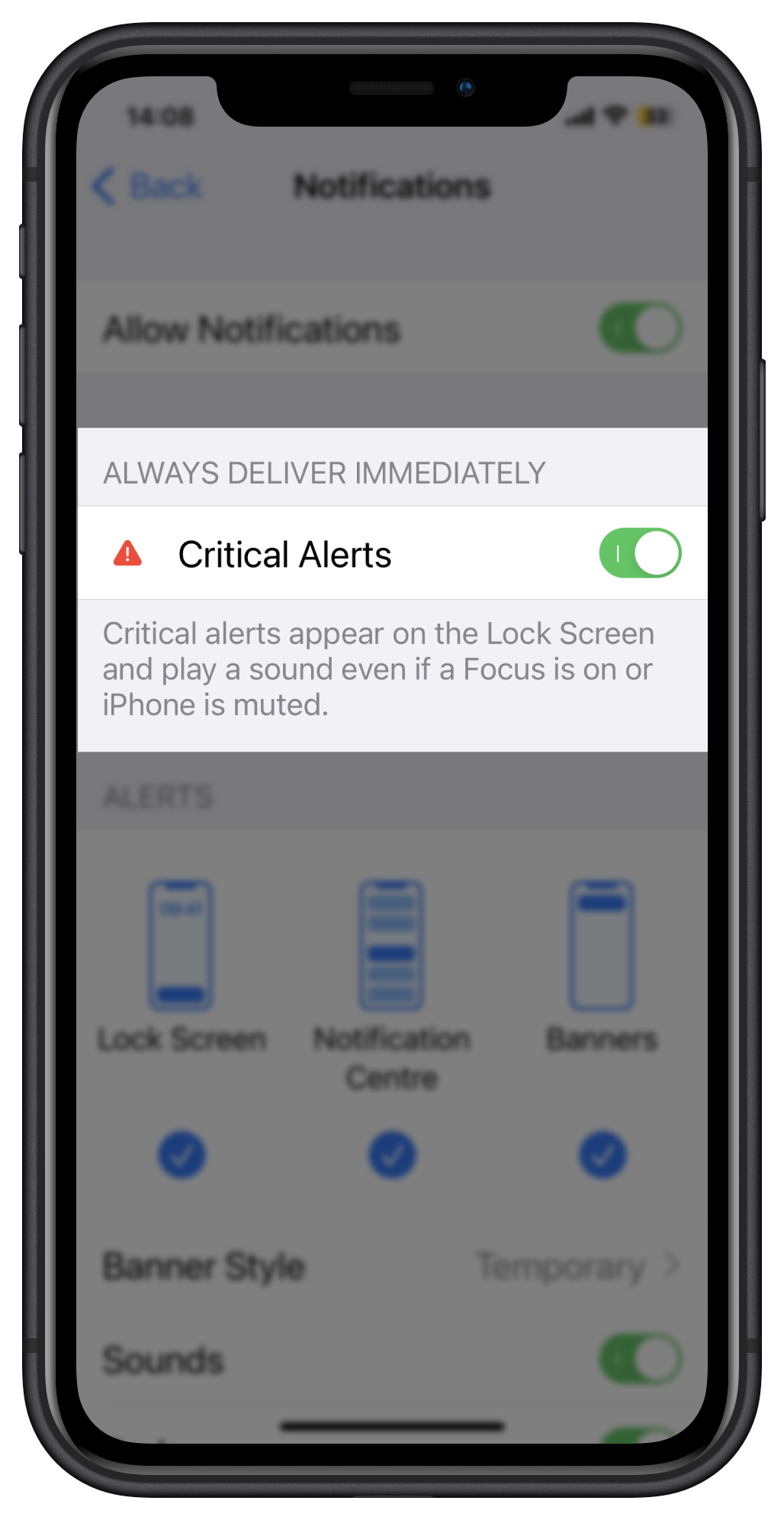 Enable or disable Critical Alerts via iOS device settings.