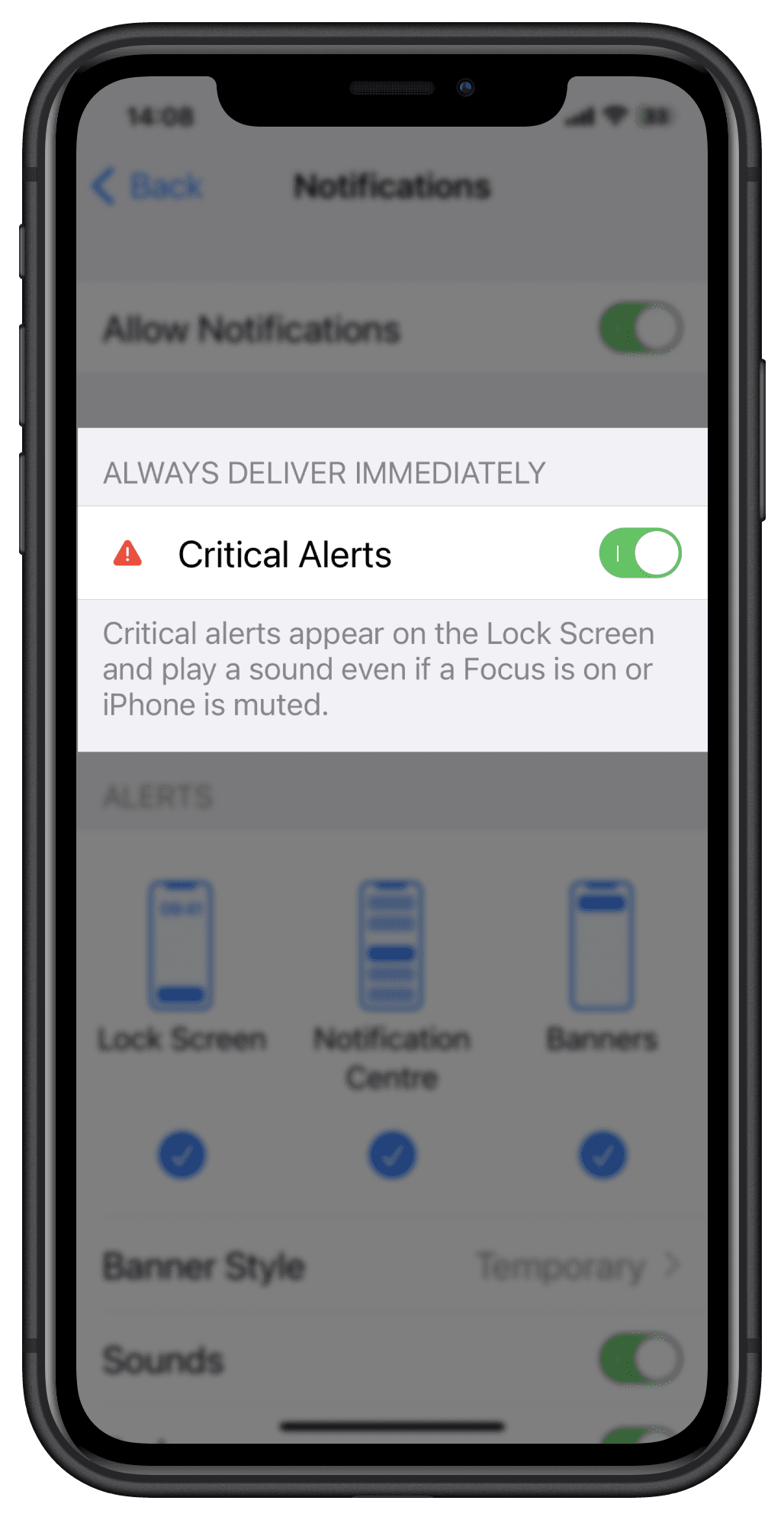 Activer ou désactiver les alertes critiques via les paramètres de l'appareil iOS.