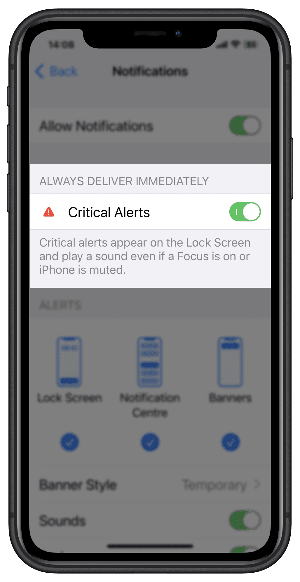 Enable or disable Critical Alerts via iOS device settings.