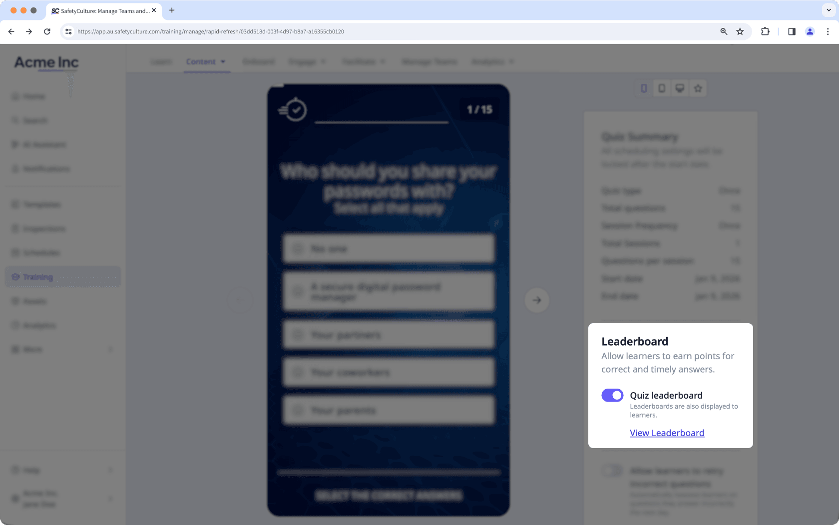 Mithilfe der Web-App die Rangliste für ein Quiz aktivieren.