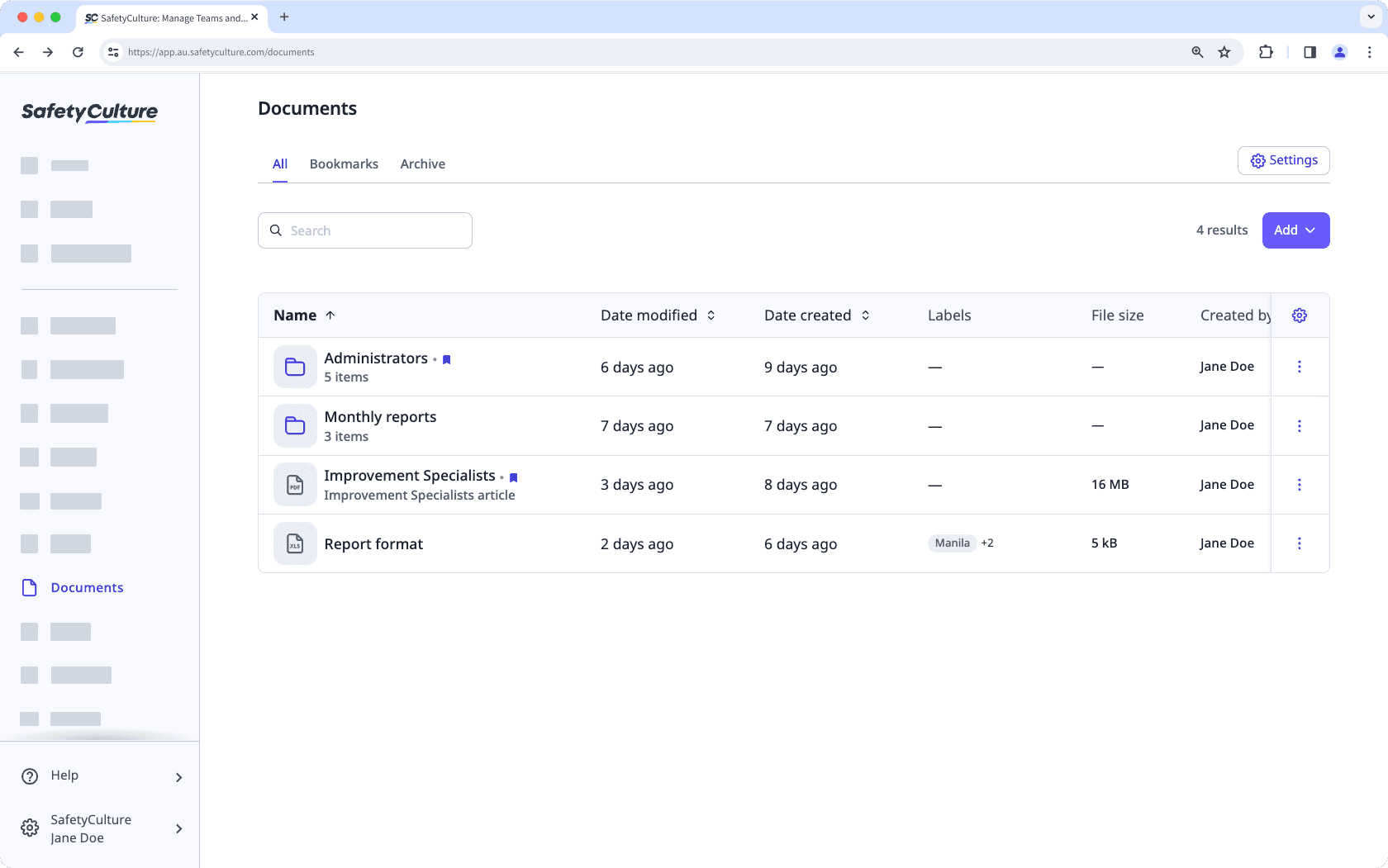 Manage files and folders in Documents via the web app.