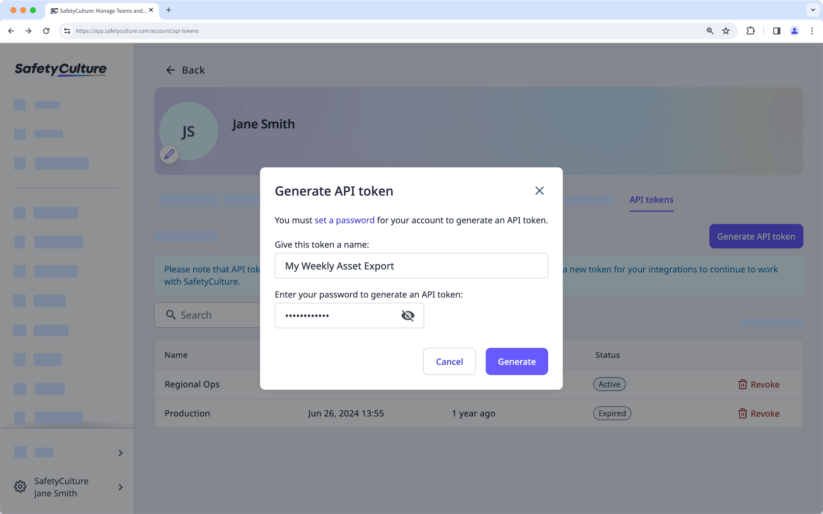 Manage user API tokens | SafetyCulture Help Center