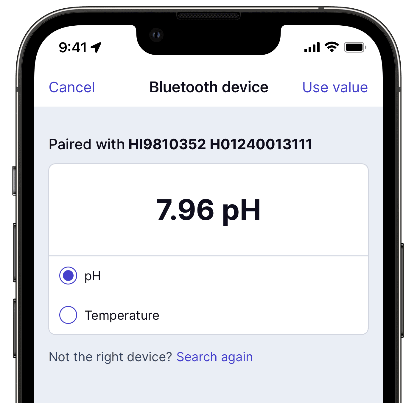 Capture temperature and pH readings with supported Bluetooth device...