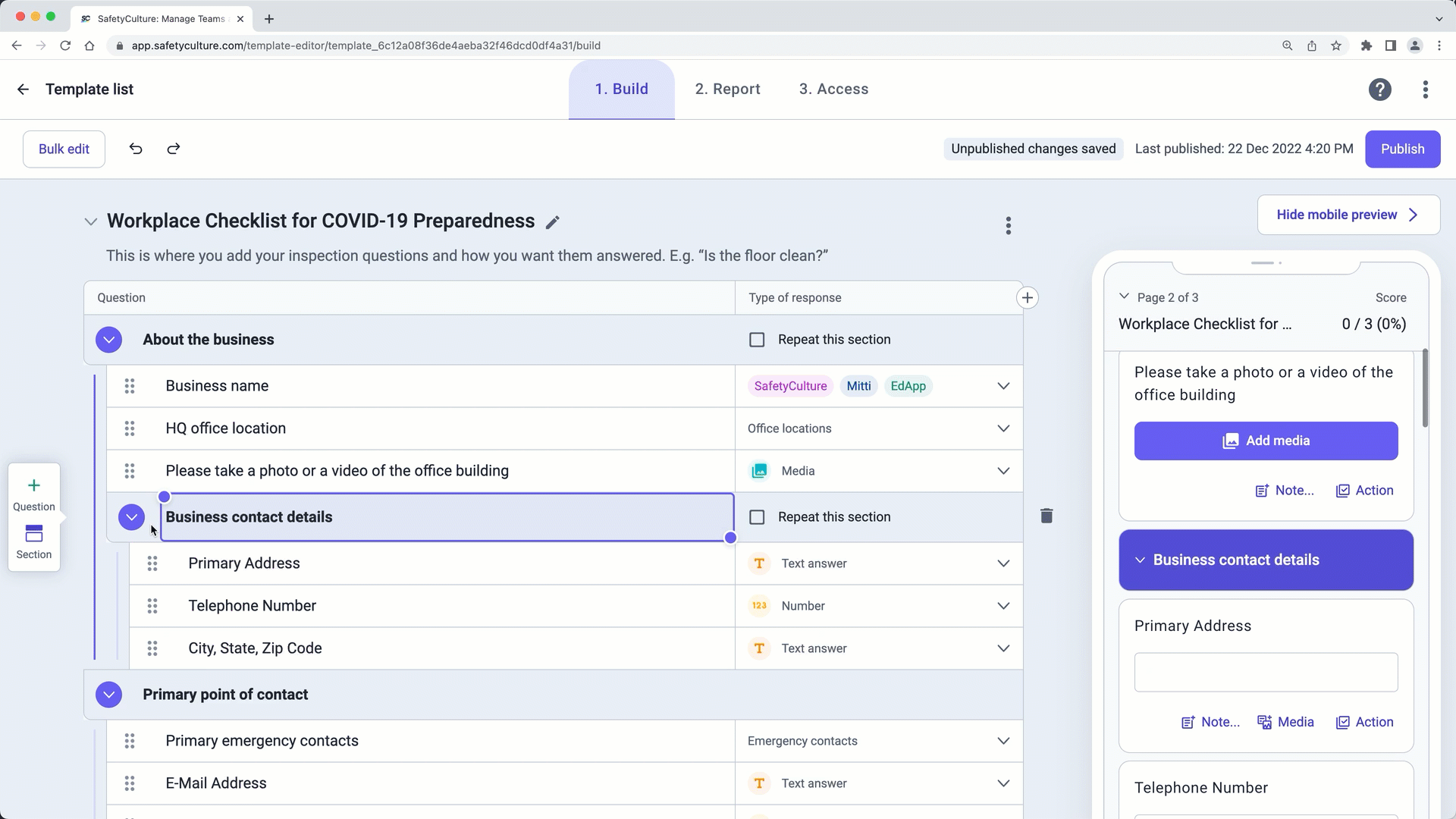 Move questions and sections Espace d'Assistance SafetyCulture
