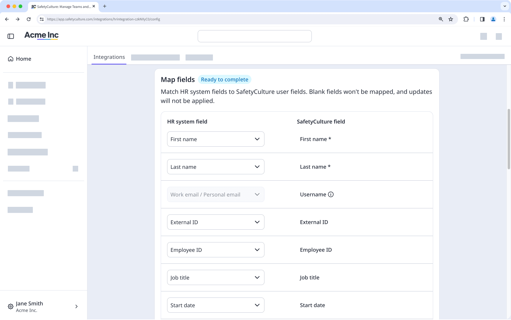 Map HR system employee fields to SafetyCulture user fields via the web app.