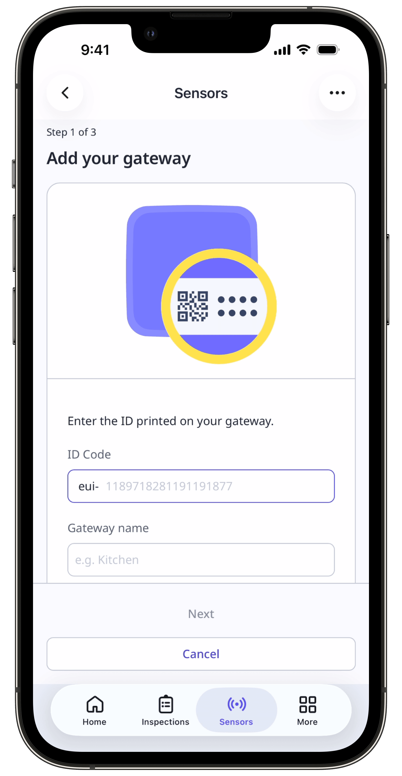 Der Bildschirm "Gateway hinzufügen" mit Eingabefeldern für den ID-Code und den Gateway-Namen.