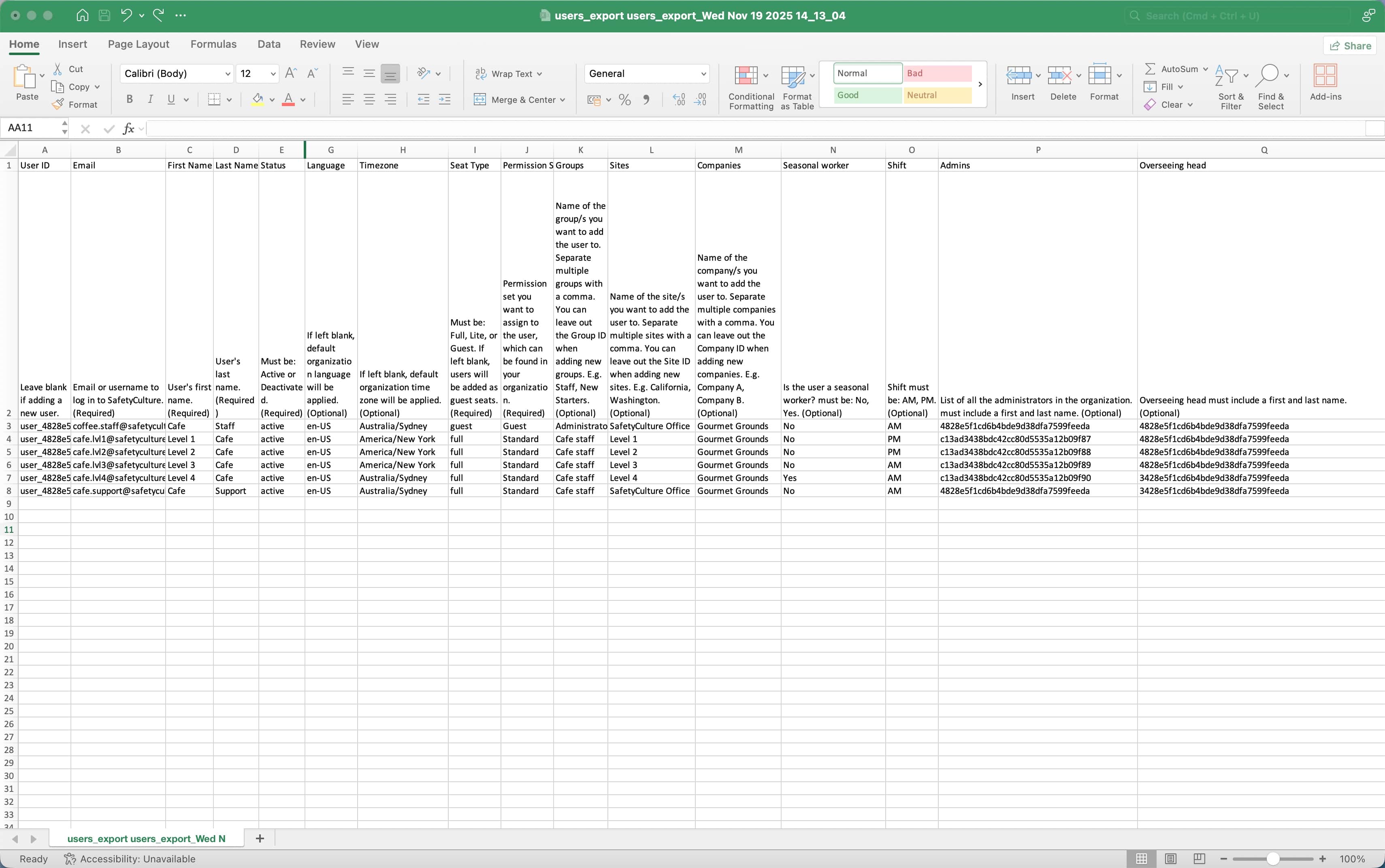 CSV file for bulk managing users