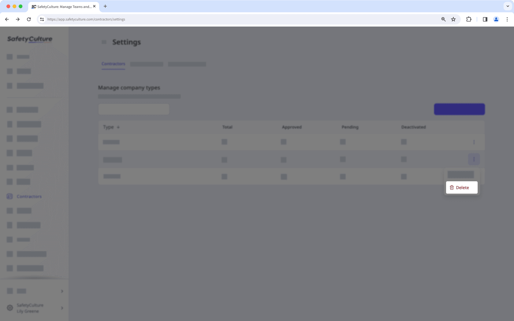 Delete a company type via the web app.