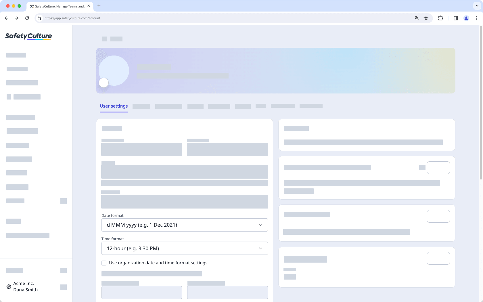 Mithilfe der Web-App die Einstellungen des Datums- und Zeitformats für Ihr SafetyCulture-Konto bearbeiten.