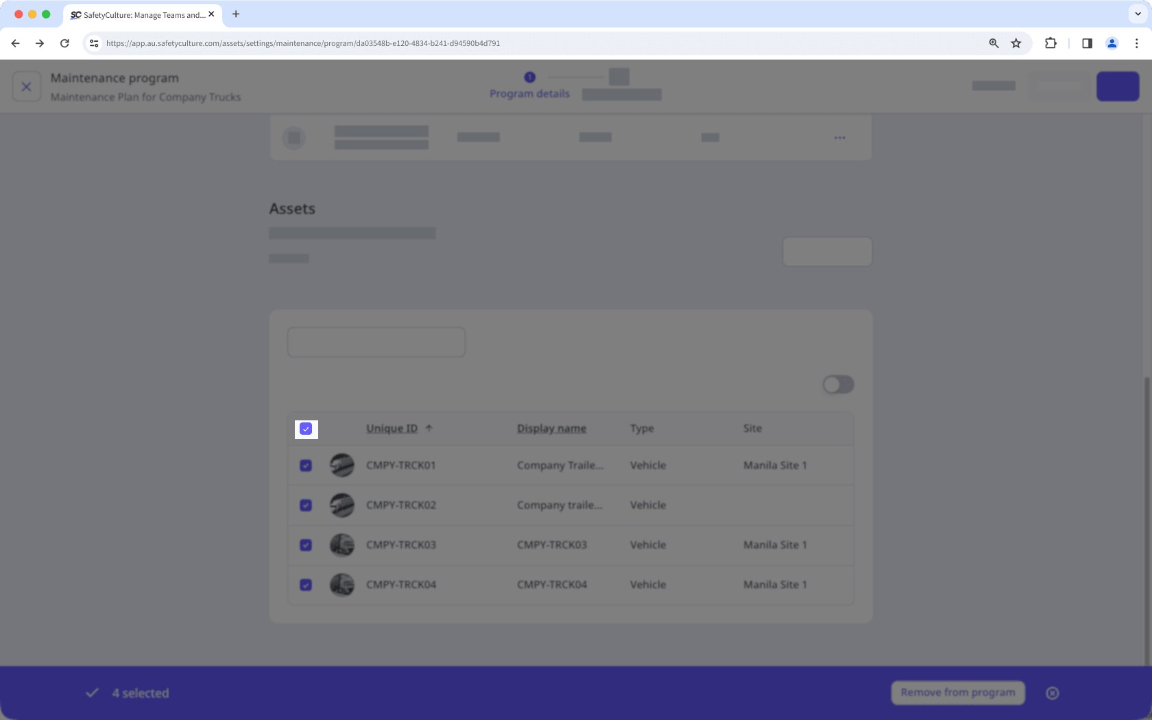 Check the box in the table header to select all visible assets to add to or remove from a site via the web app.