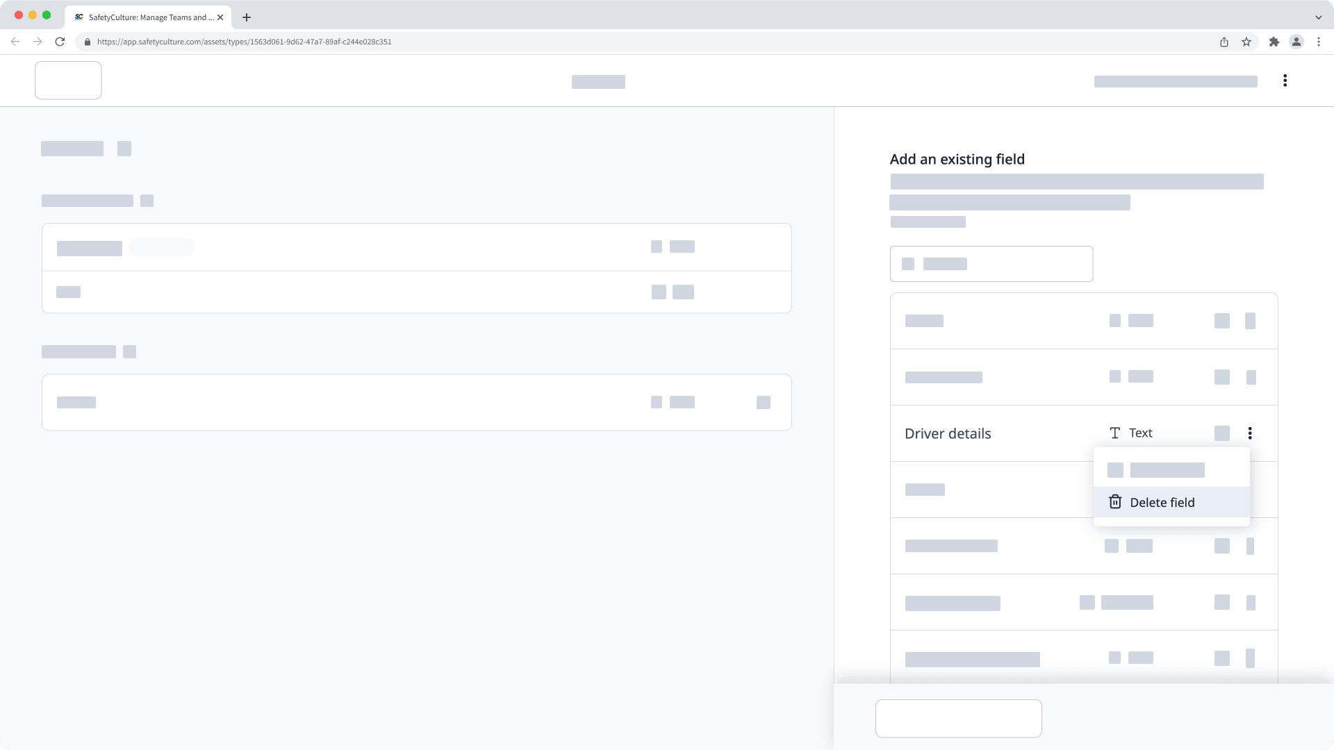 The "Delete field" button visible in the Add an existing field sidebar.
