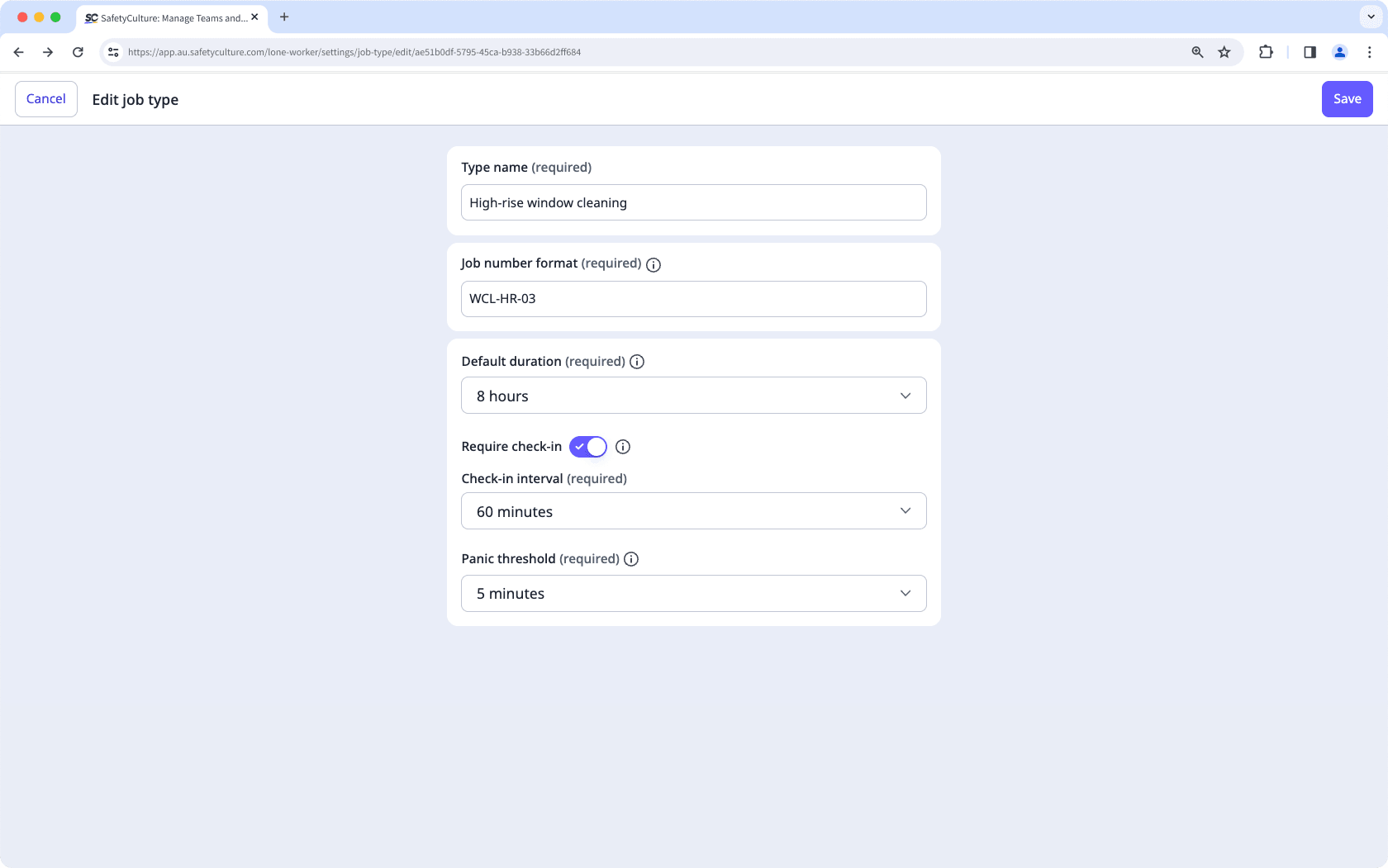 Ein Beispiel für die Einstellungen eines Jobtyps in der Alleinarbeiterfunktion in der Web-App.