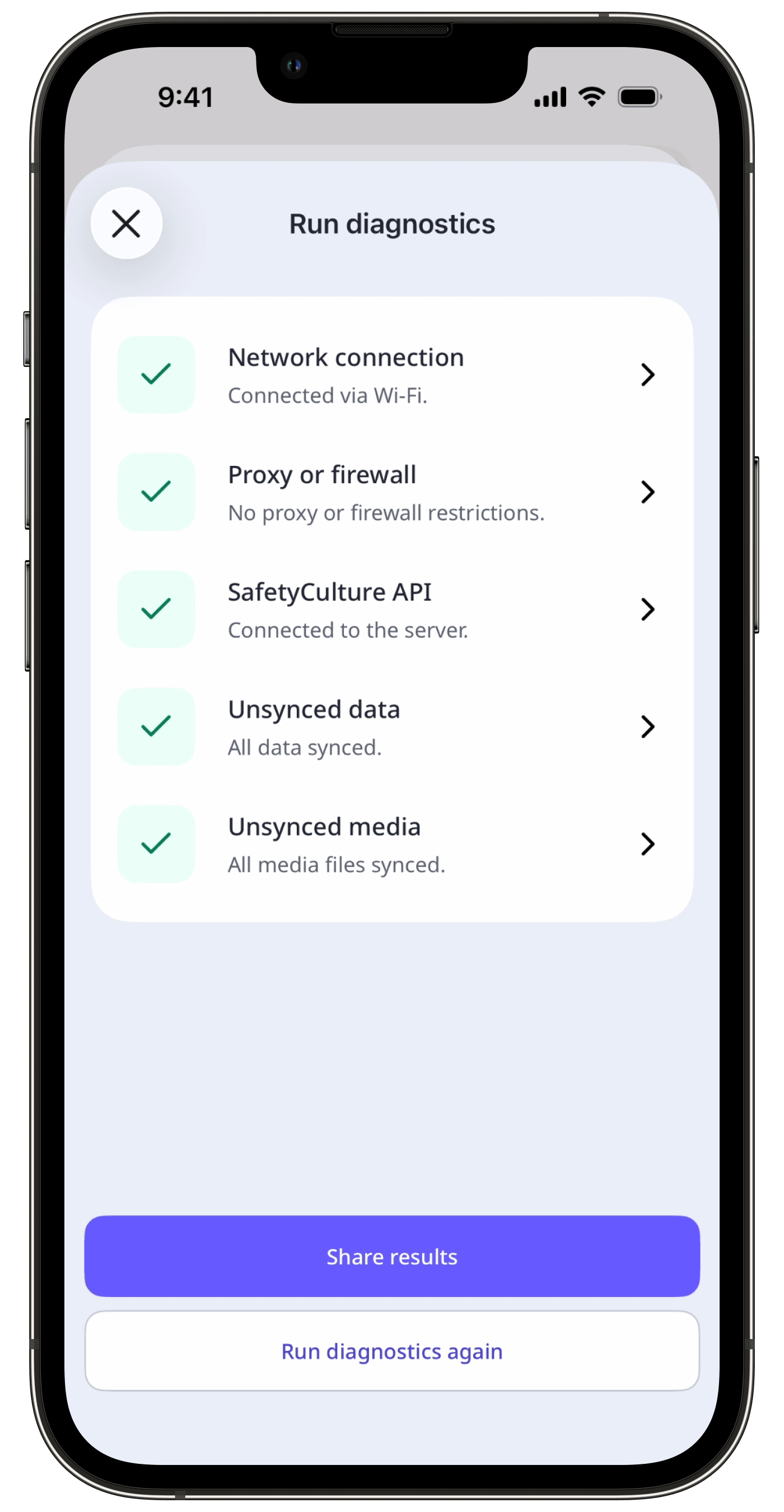 La page Exécuter les diagnostics affichant les résultats des diagnostics.