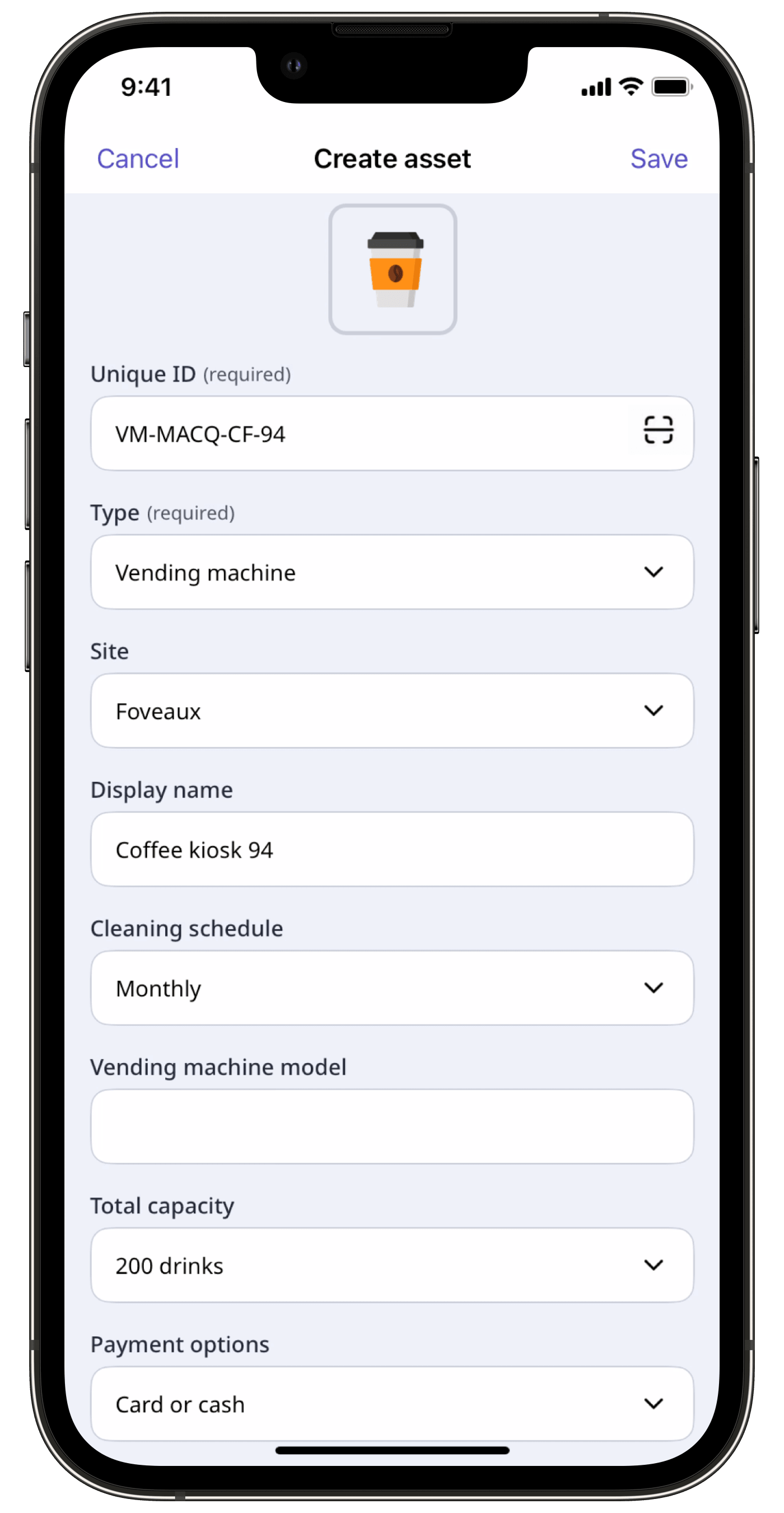 Add an asset via the mobile app.