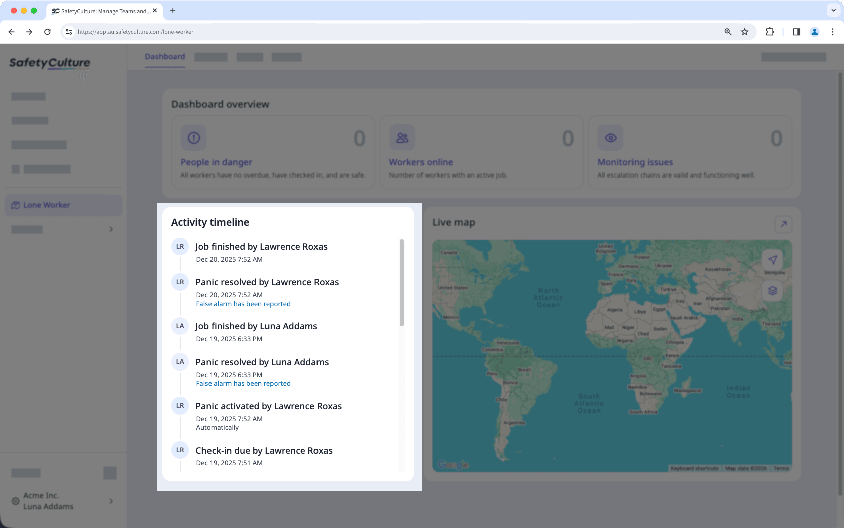 Get an overview of your lone workers' jobs via the activity timeline from the dashboard on the web app.