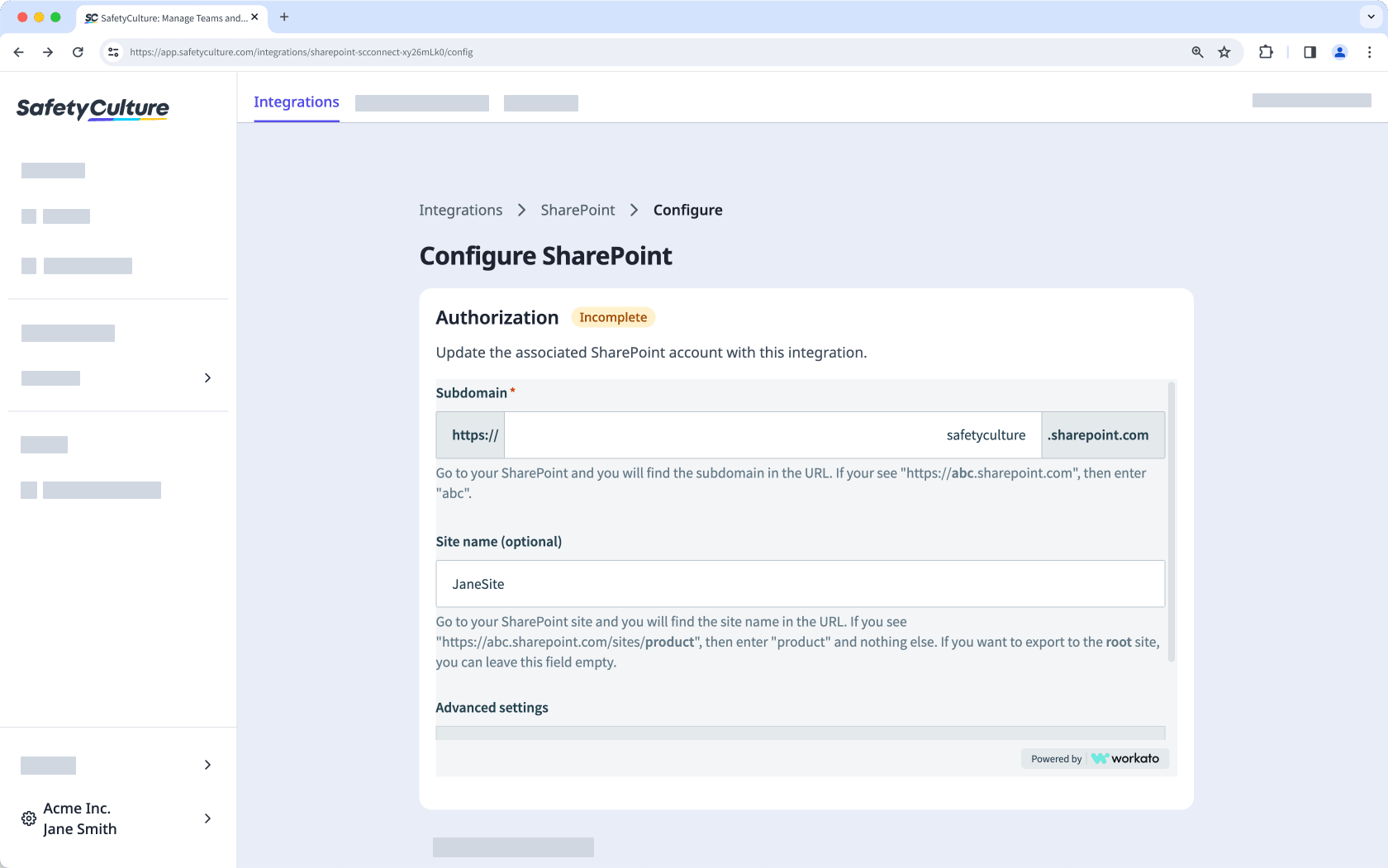 Configure la integración de SharePoint para exportar informes de inspección a través de la aplicación web.