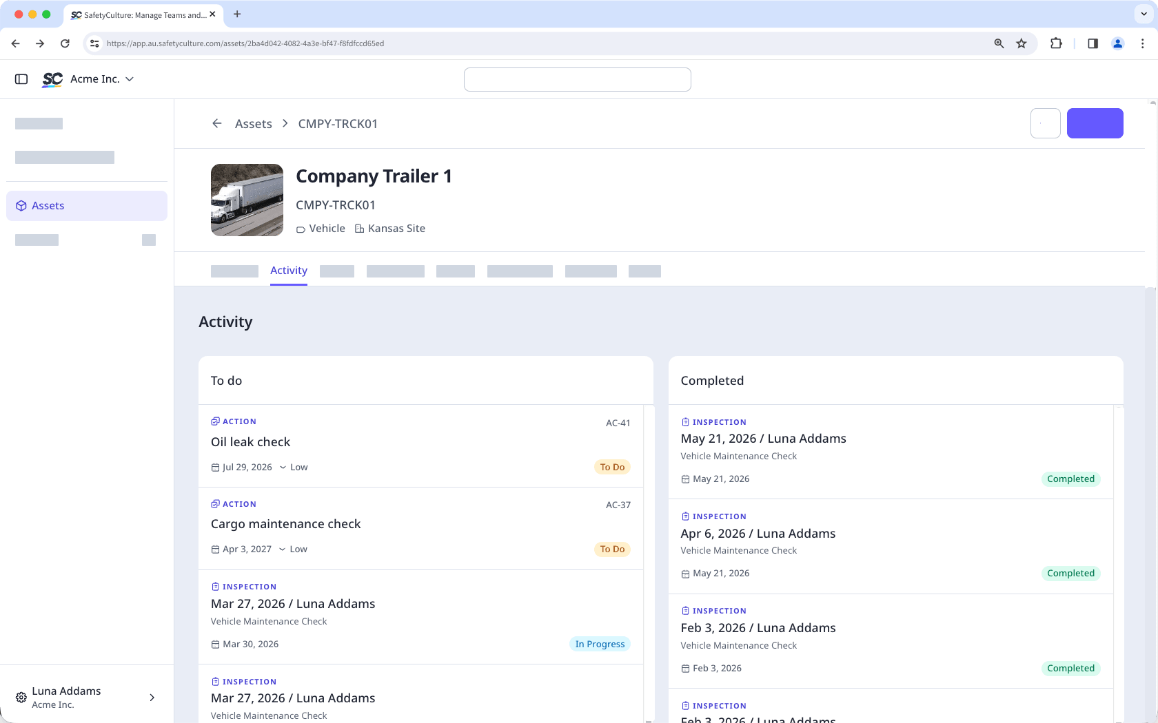The activity tab on an asset profile page, showing "To do" and "Completed" columns with actions and inspections listed.